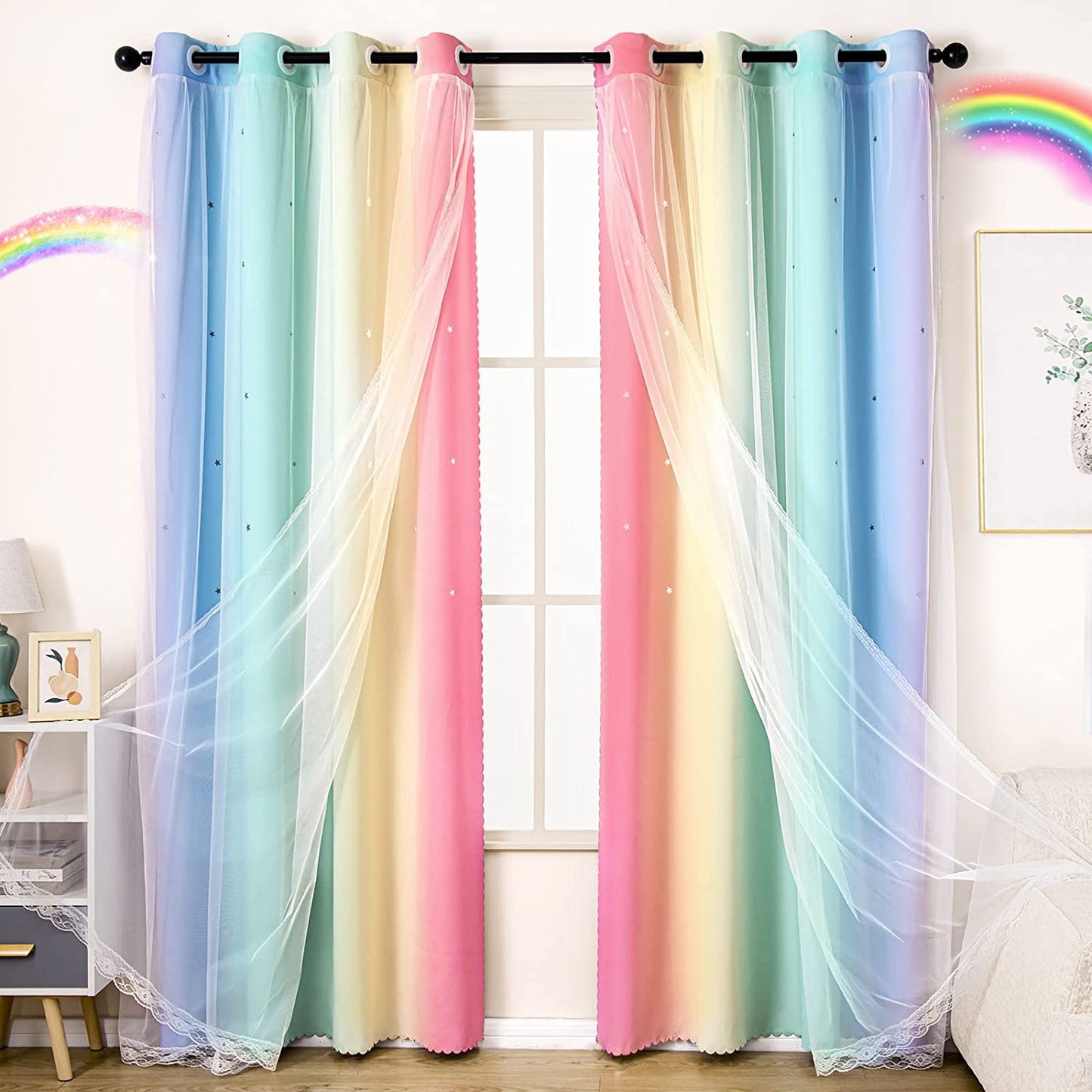 UNISTAR 2 Panels Stars Blackout Curtains for Bedroom Girls Kids Baby Window Decoration Double Layer Star Cut Out Aesthetic Living Room Decor Wall Home Curtain,W52 X L63 Inches,Pink  UNISTAR 1 Panel 丨 Rainbow 84.00" X 52.00" 