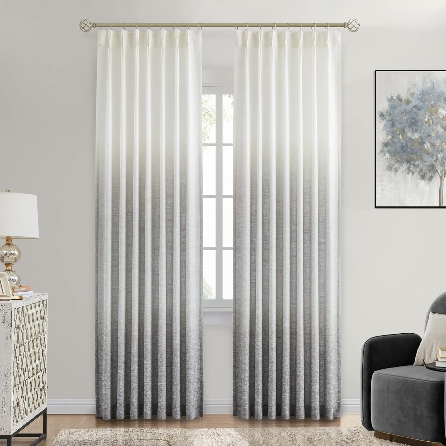 Central Park Ombre Pinch Pleat Curtain Panels Rayon Blend Textured Semi Sheer Window Treatment Drape with Backtab for Living Room Bedroom, Cream White to Indigo Blue, 40" Wx84 L, 2 Panels  Central Park Grey 40"X108"X2 
