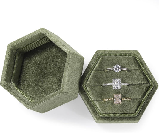 Wantgor Velvet Jewelry Ring Box, 3 Slots Hexagon Ring Gift Box Vintage Ring Display Holder Case for Wedding Ceremony Proposal Engagement (Olive Green)