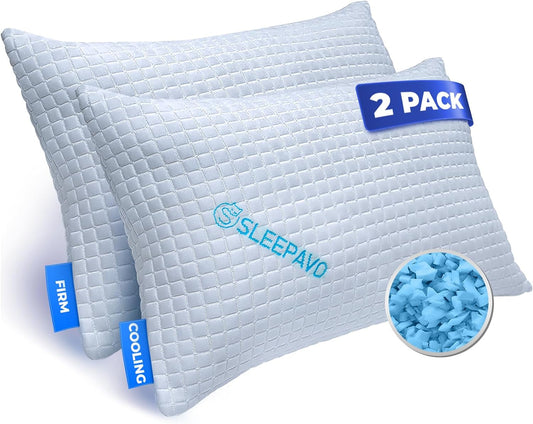 Sleepavo Memory Foam Bed Pillows, Queen Size Set of 2 - Extra Firm, Adjustable, Cooling Pillows for Side Sleeper, Back, Stomach - 2 Pack