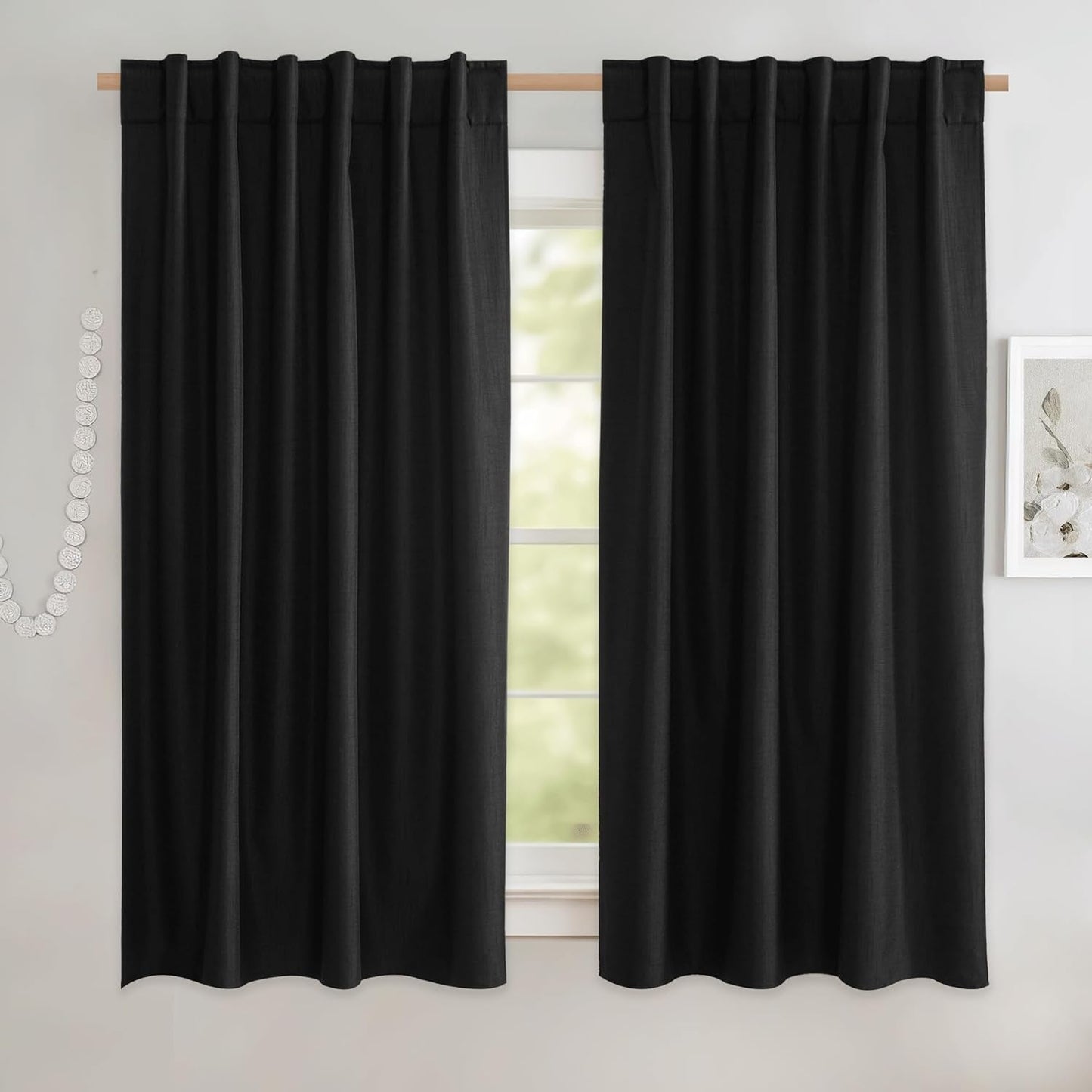 NICETOWN 100% Blackout Linen Curtains for Living Room with Thermal Insulated White Liner, Ivory, 52" Wide, 2 Panels, 84" Long Drapes, Back Tab Retro Linen Curtains Vertical Drapes Privacy for Bedroom  NICETOWN Black W52 X L63 
