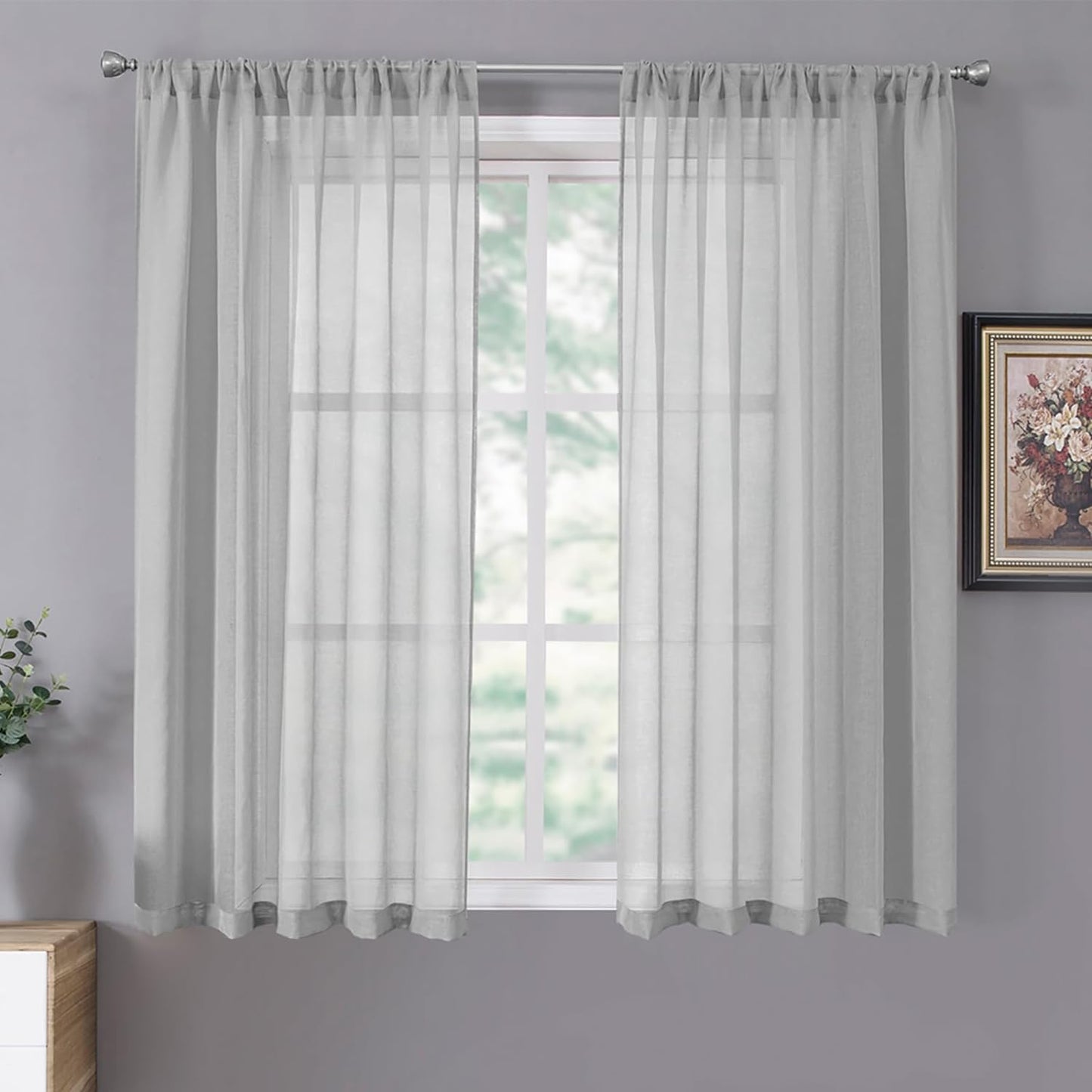 Tollpiz Short Sheer Curtains Linen Textured Bedroom Curtain Sheers Light Filtering Rod Pocket Voile Curtains for Living Room, 54 X 45 Inches Long, White, Set of 2 Panels  Tollpiz Tex Silver Grey 54"W X 54"L 