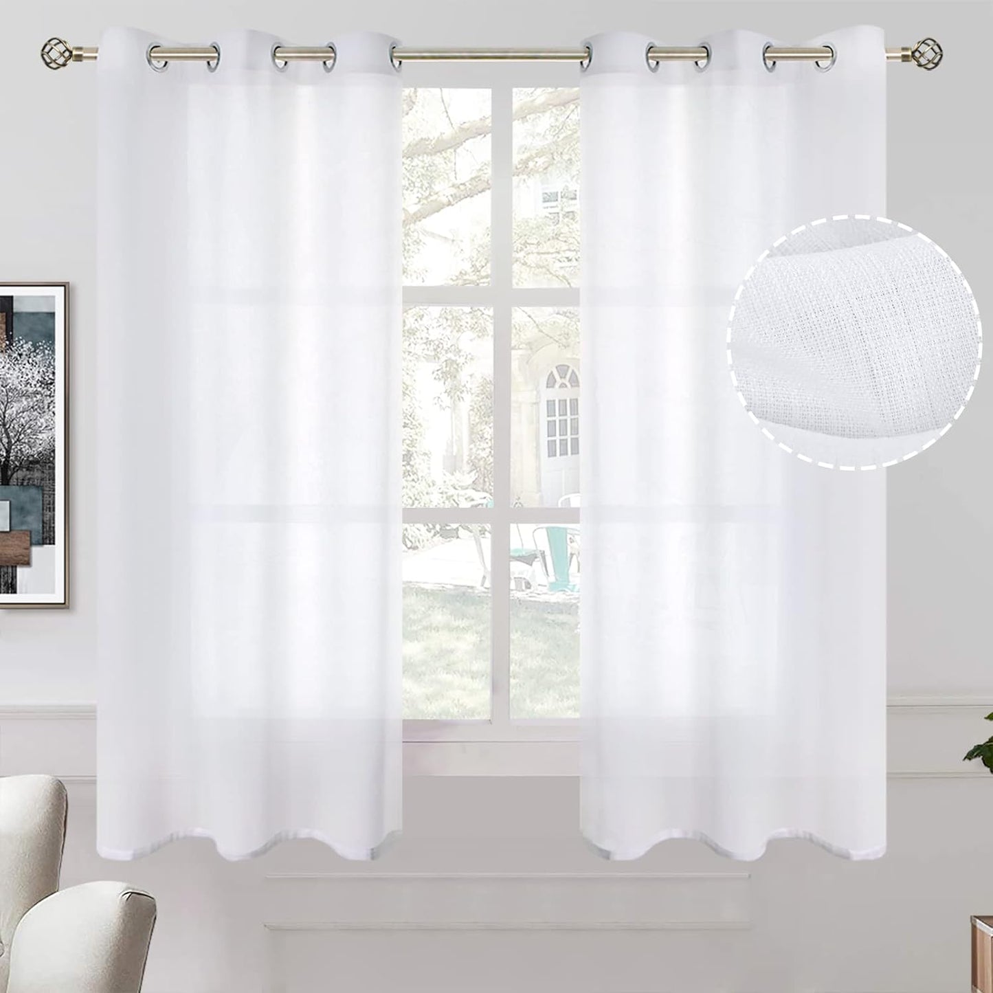 Bgment Natural Linen Look Semi Sheer Curtains for Bedroom, 52 X 54 Inch White Grommet Light Filtering Casual Textured Privacy Curtains for Bay Window, 2 Panels  BGment White 42W X 45L 