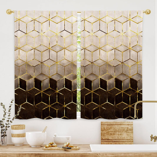 Gibelle Marble Geometric Kitchen Curtains Brown Gold Abstract Modern Small Short Cafe Tier Curtains Decor for Living Dining Room Bathroom RV Rod Pocket Window Drapes Treatment 2 Panels 26"X39"