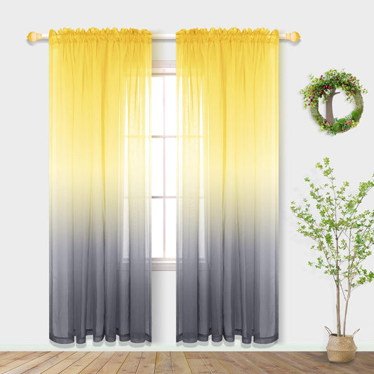 Spring Sheer Curtains for Living Room with Rod Pocket Window Treatments Decor 84 Inch Length Bedroom Curtain Set of 2 Panels Yellow and Grey Gray  PITALK TEXTILE Yellow And Grey 52X84 