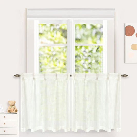 Driftaway Pinch Pleat Kitchen Curtains Linen Textured Short Linen Curtains for Bathroom Laundry Room Cafe Curtains Half Window Curtains 2 Panels Farmhouse Rustic Back Tabs 30 X 36 Inches Ivory Birch  DriftAway Ivory Birch 30"X36" 
