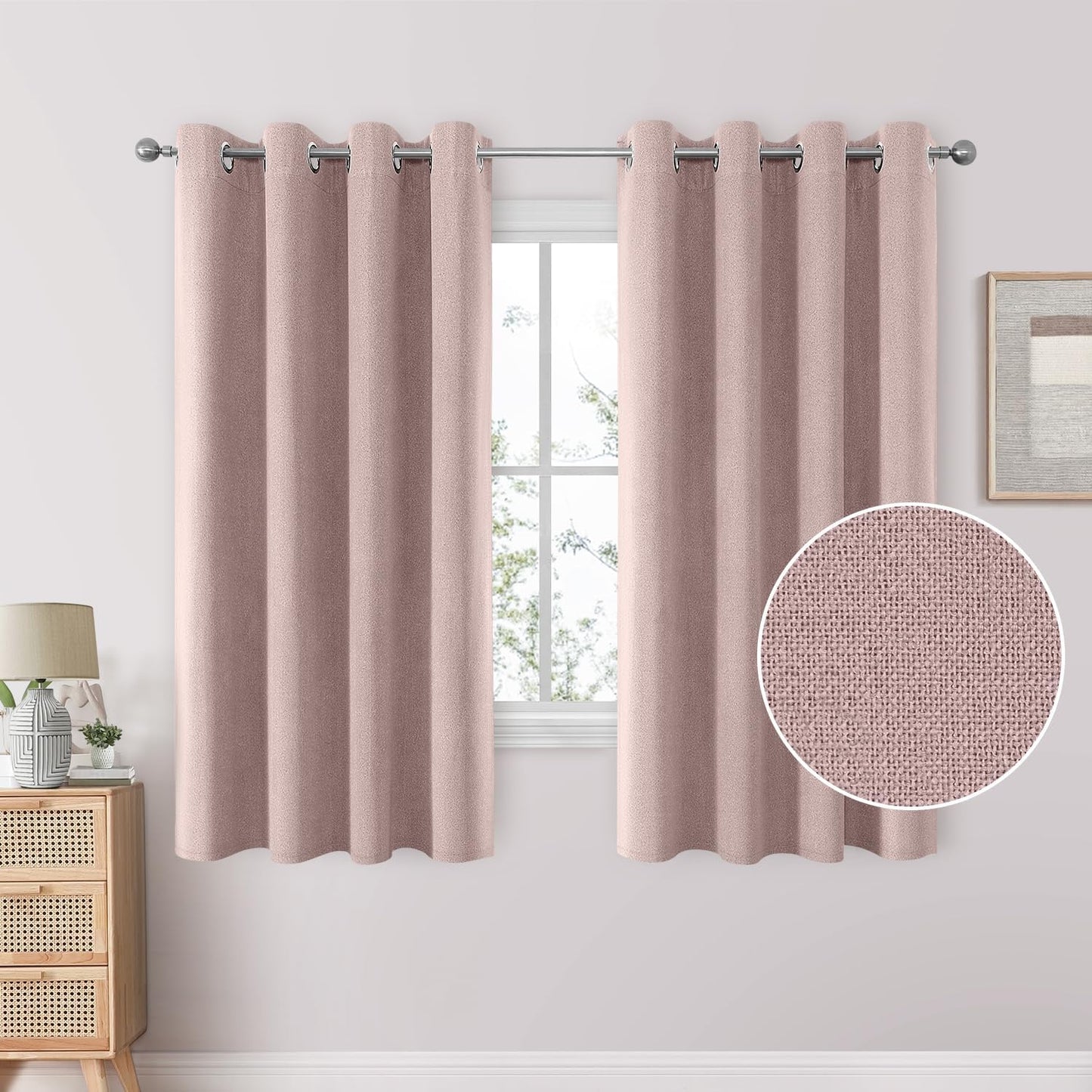 HOMEIDEAS 100% Blush Pink Linen Blackout Curtains for Bedroom, 52 X 84 Inch Room Darkening Curtains for Living, Faux Linen Thermal Insulated Full Black Out Grommet Window Curtains/Drapes  HOMEIDEAS Blush Pink W52" X L63" 