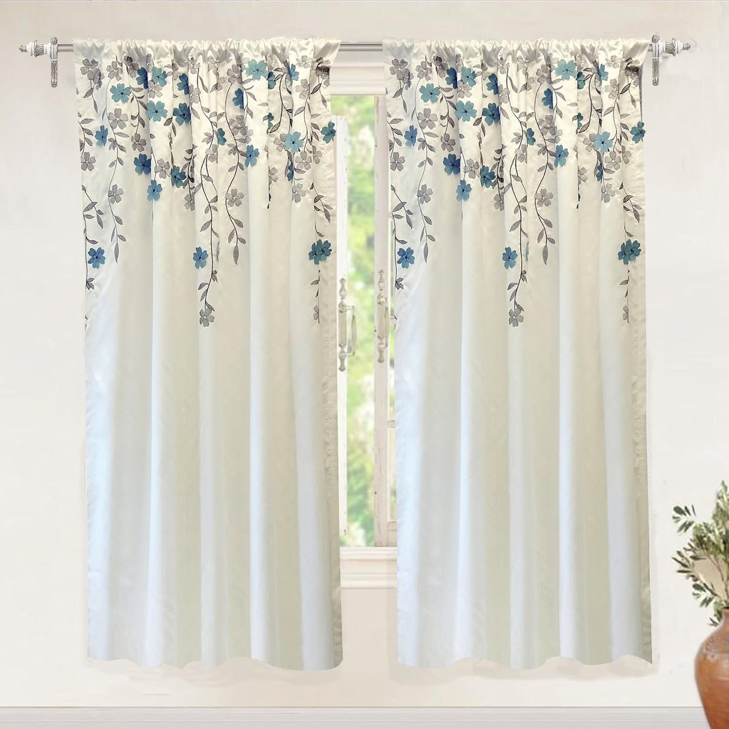 Driftaway Aubree Weeping Flower Print Thermal Room Darkening Privacy Window Curtain for Bedroom Living Room Rod Pocket 2 Panels 52 Inch by 84 Inch Blue  DriftAway One Panel Ivory Blue 50"X63" 