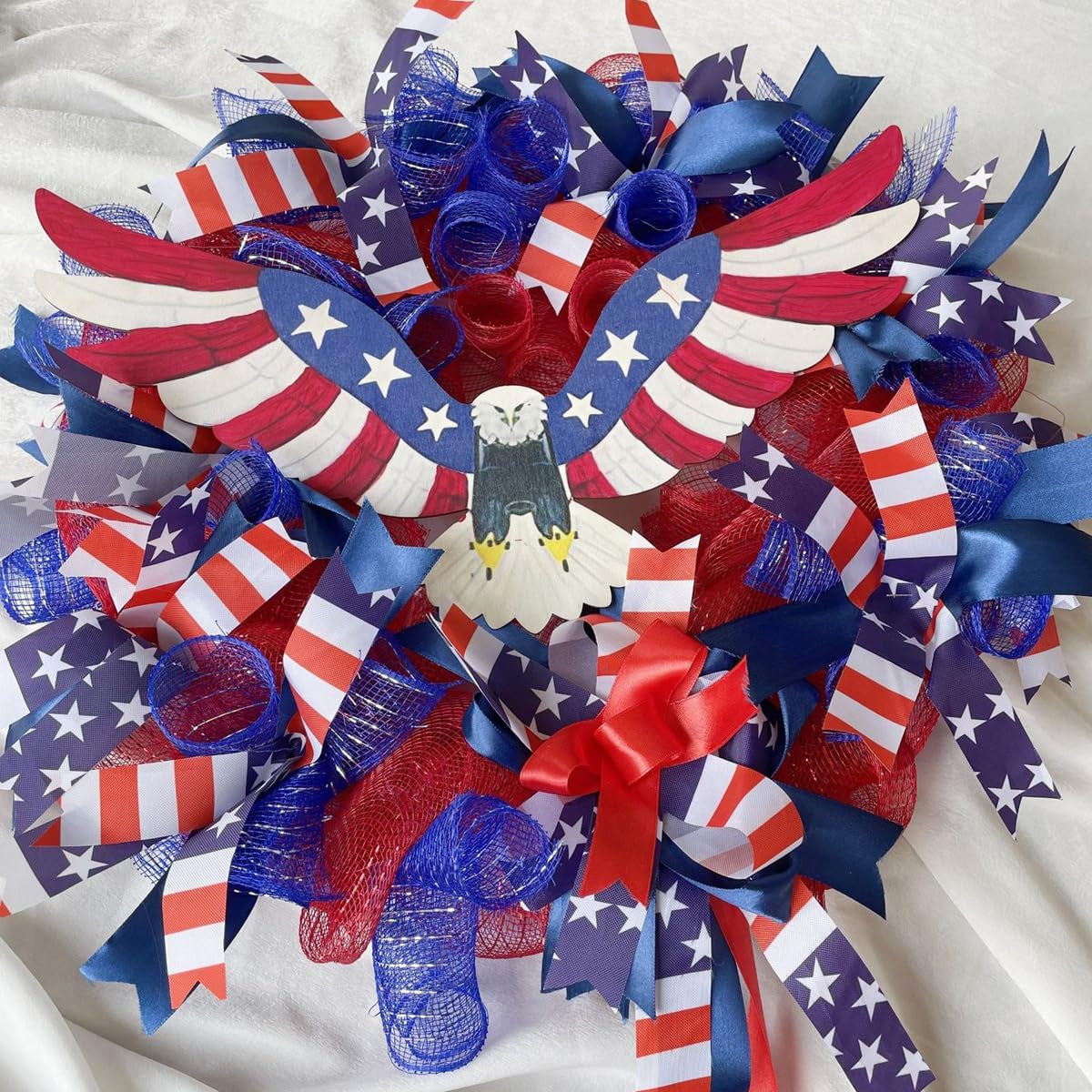 American Flag Bald Eagle Wreath, 4Th July Memorial Day Wreath for Front Door, Handcrafted America Flag Farmhouse Wreath, Summer Patriotic Flag Garland