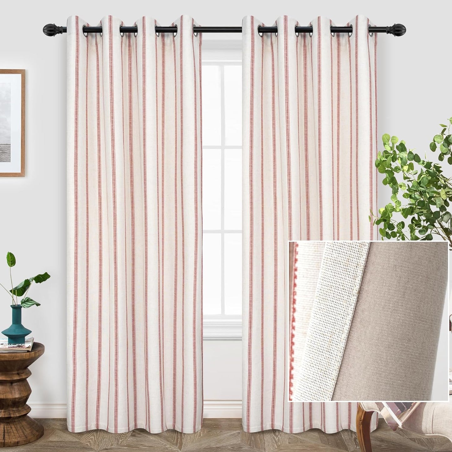 Driftaway Farmhouse Linen Blend Blackout Curtains 84 Inches Long for Bedroom Vertical Striped Printed Linen Curtains Thermal Insulated Grommet Lined Treatments for Living Room 2 Panels W52 X L84 Grey  DriftAway Thermal Red 52"X84" 