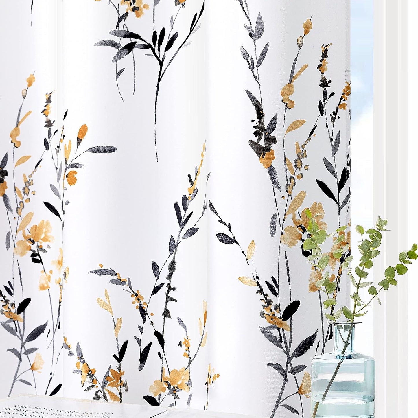 MYSKY HOME Living Room Curtains 84 Inches Long Floral Curtains Light Filtering Thermal Insulated Soft for Dining Room Farmhouse Leaf Grommet Curtains Home Decoration, Set of 2 Panels, Navy Blue  MYSKYTEX Yellow 52"W X 108"L 
