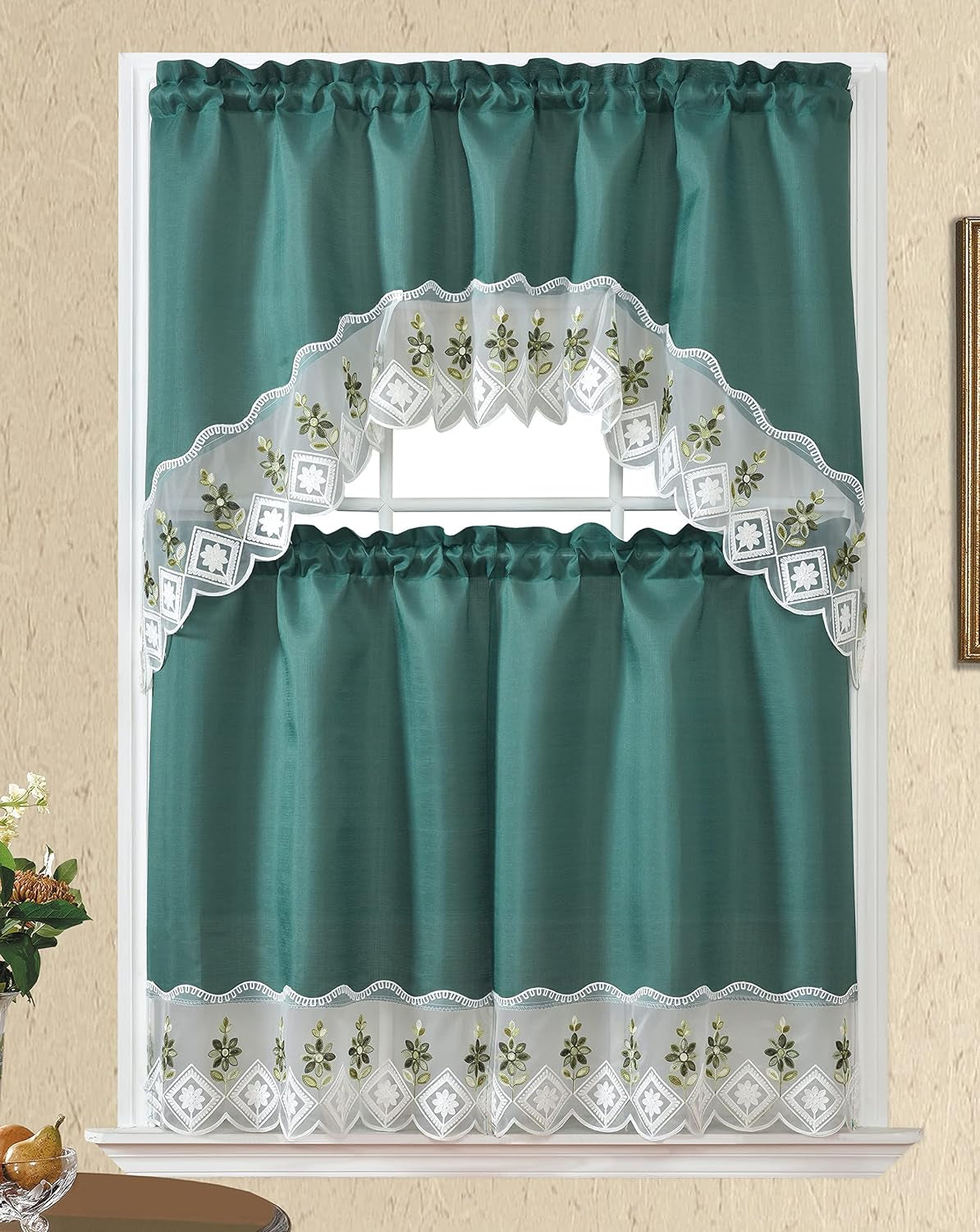 GOHD Blossom in Snow Kitchen Tiers Curtain, 3PCS Kitchen Curtains and Valances Set, Grey Fabric with Grey Flower Embroidery and White Lace. (Grey, Swag and 34.5 Inches Tiers Set)