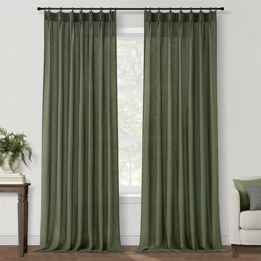 Olive Green Linen Curtains 84 Inches Long for Living Room,Pinch Pleated Drape with Hooks Back Tab Light Filtering Boho Spring Home Decor, Forest/Hunter Green Sheer Curtains 84 Inch Length for Bedroom  Topfine Olive Green 40" X 100" 