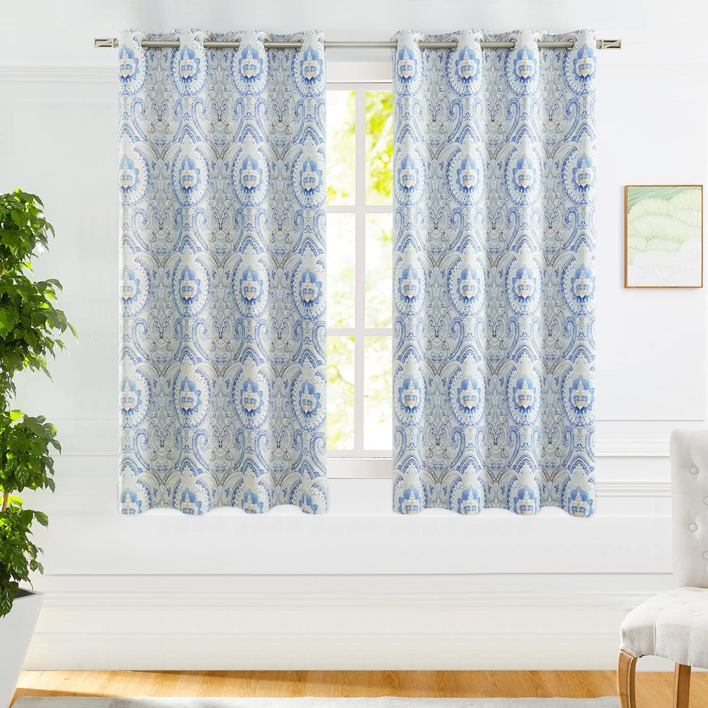 White Grey Blackout Curtains for Bedroom 84 Inch Length Floral Printed Living Room Curtain Panels for Farmhouse Décor Blossom Thermal Energy Efficient Light Blocking Window Curtain 50"W 2Pcs  Fmfunctex Blue/ Grey 50"W X 63"L 2Pcs 