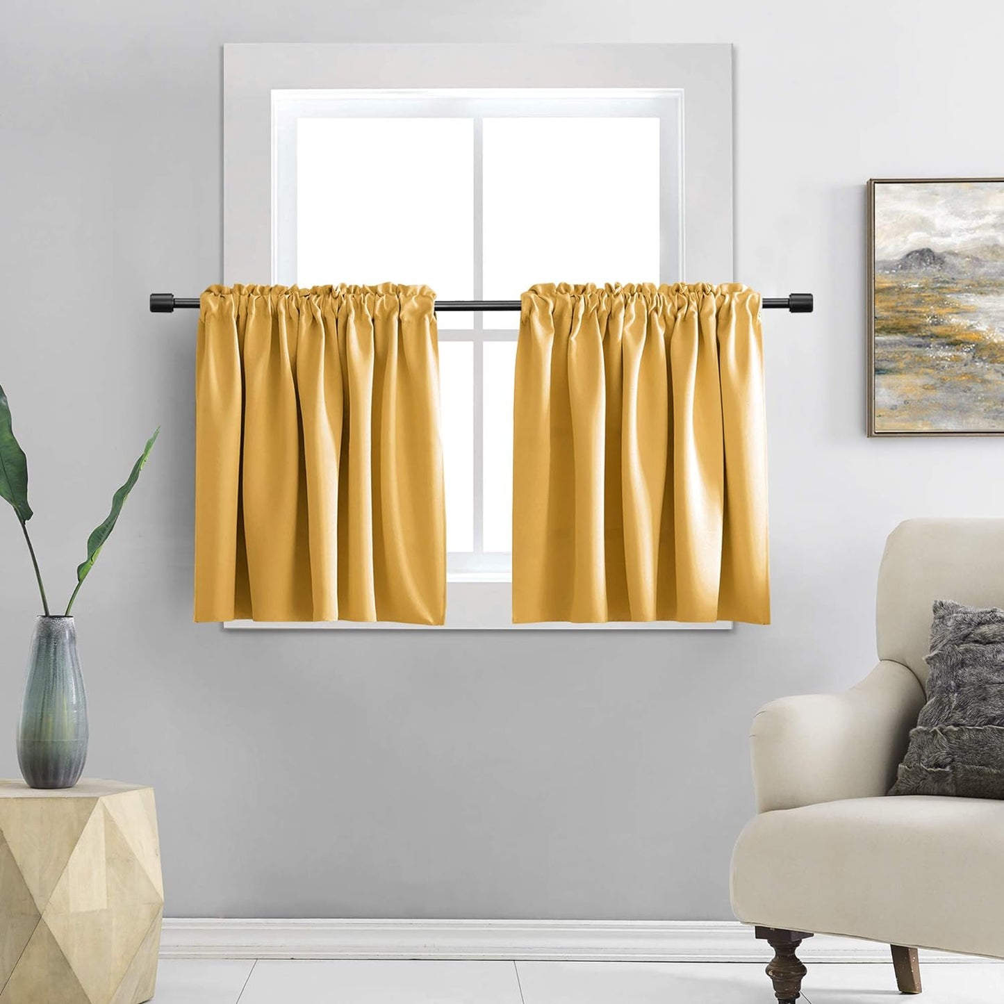 DONREN 24 Inch Length Curtains- 2 Panels Blackout Thermal Insulating Small Curtain Tiers for Bathroom with Rod Pocket (Black,42 Inch Width)  DONREN Gold Yellow 42" X 24" 