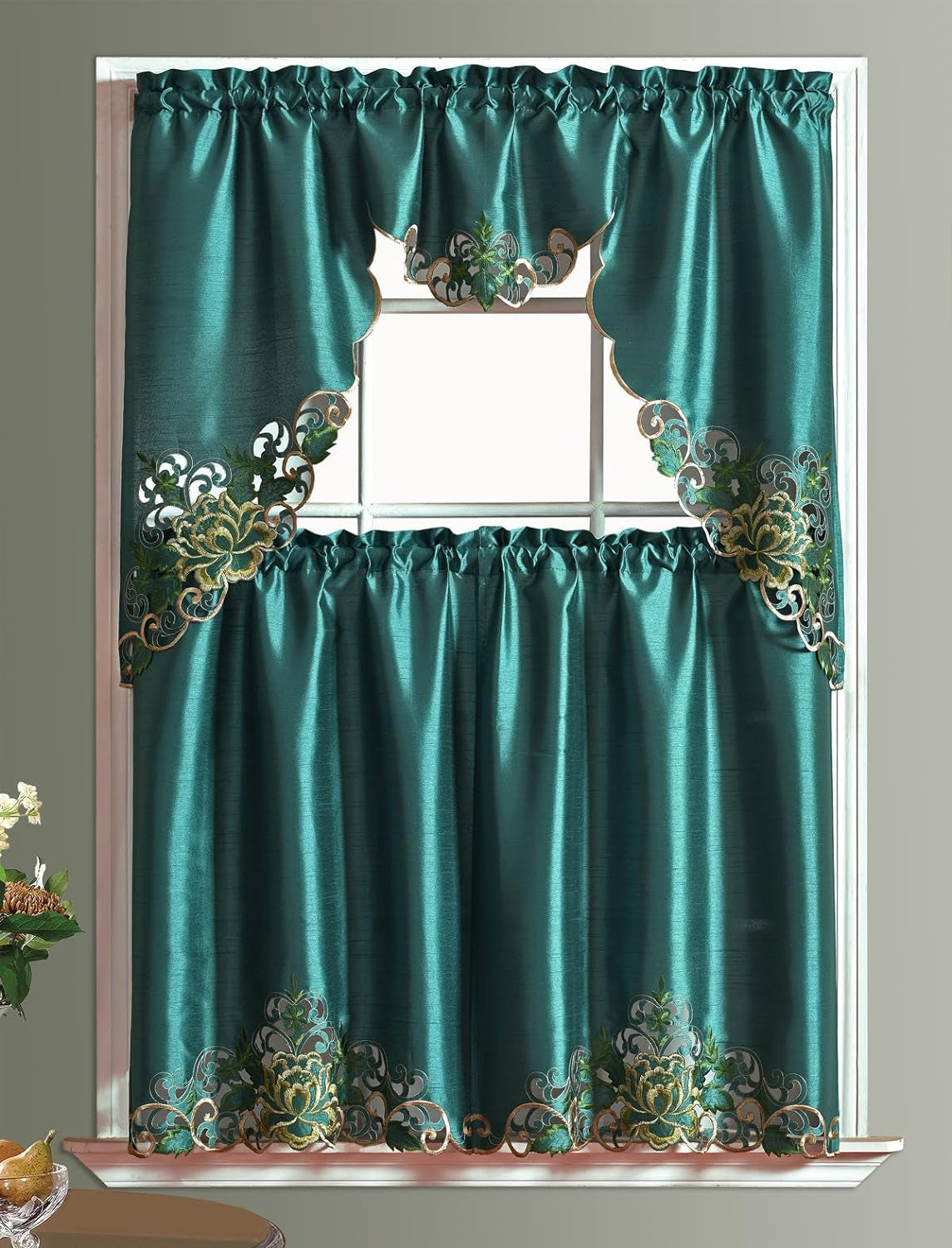 GOHD Passionate Bloom Kitchen Curtain Swag Valance and Tier Set Nice Embroidery on Faux Silk Fabric with Cutworks (RUST)