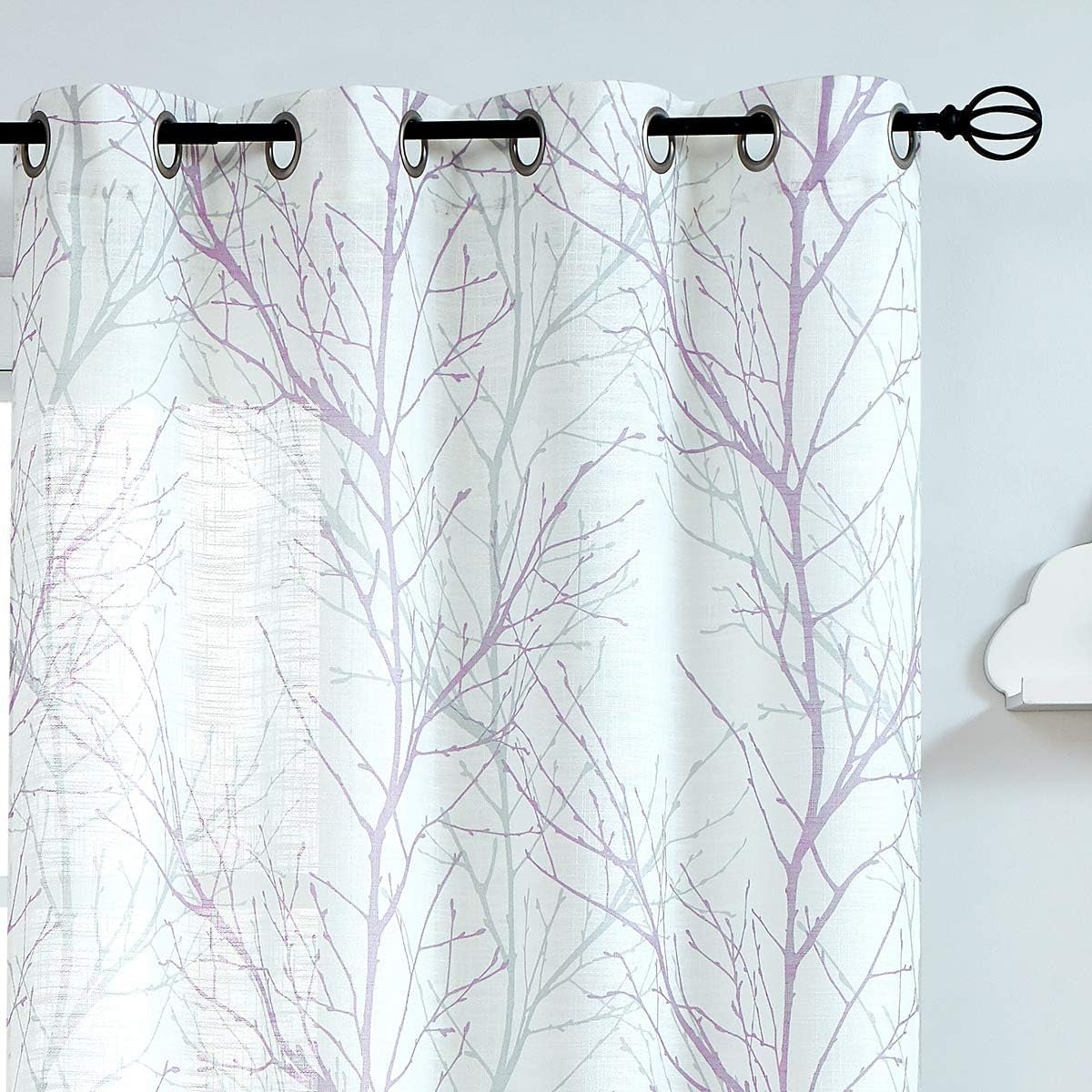 FMFUNCTEX Blue White Curtains for Kitchen Living Room 72“ Grey Tree Branches Print Curtain Set for Small Windows Linen Textured Semi-Sheer Drapes for Bedroom Grommet Top, 2 Panels  Fmfunctex Lilac 50" X 84" |2Pcs 