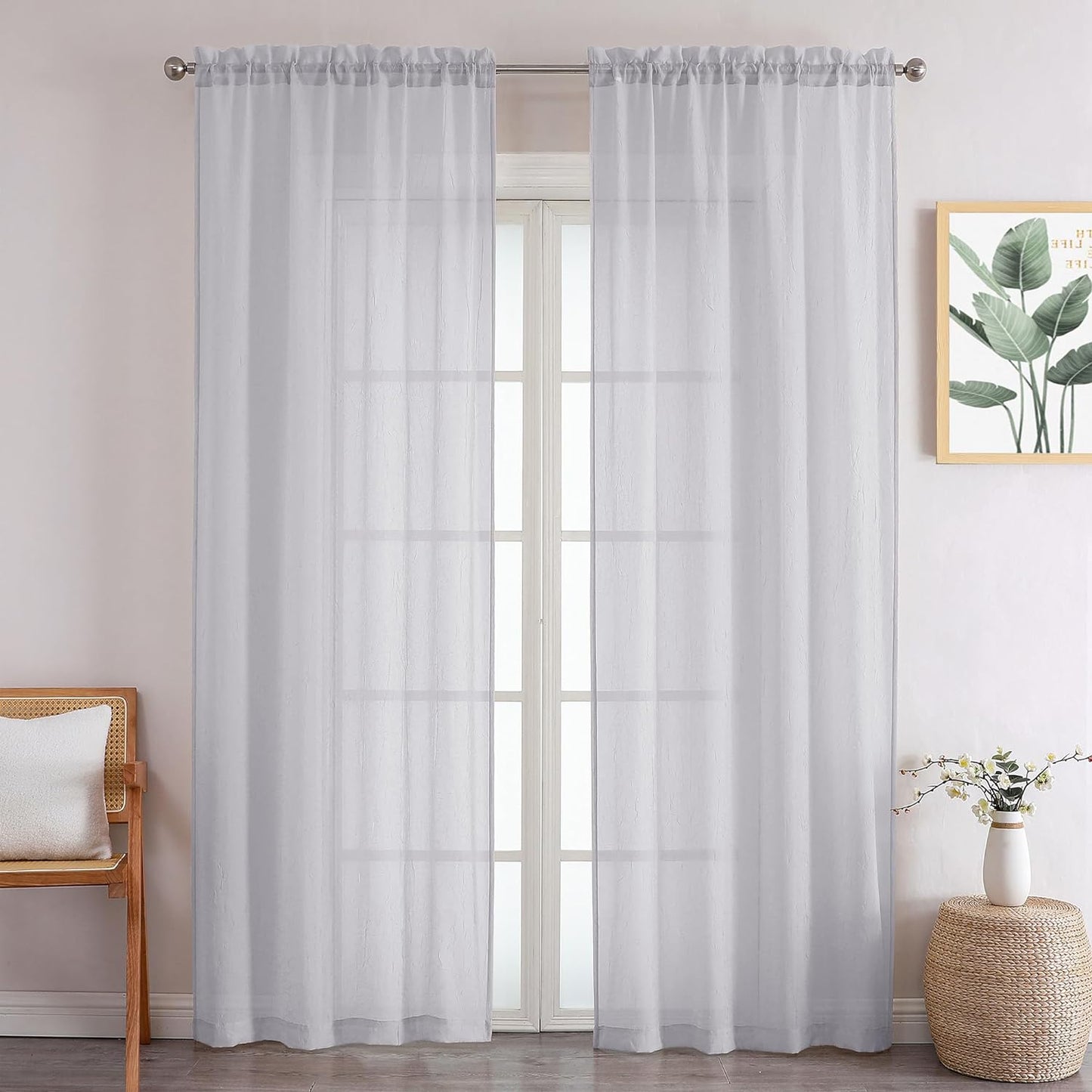 Crushed Sheer White Curtains 63 Inch Length 2 Panels, Light Filtering Solid Crinkle Voile Short Sheer Curtian for Bedroom Living Room, Each 42Wx63L Inches  Chyhomenyc Light Grey 42 W X 96 L 