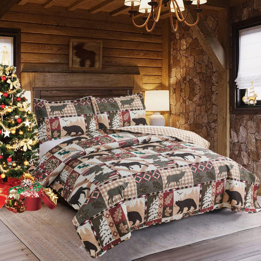 3 Piece Rustic Quilts Set Full/Queen Size Bedspreads, Lightweight Lodge Quilt Bedding Sets Comforter with 2 Pillow Shams Patchwork Bear Themed Coverlet for All Season