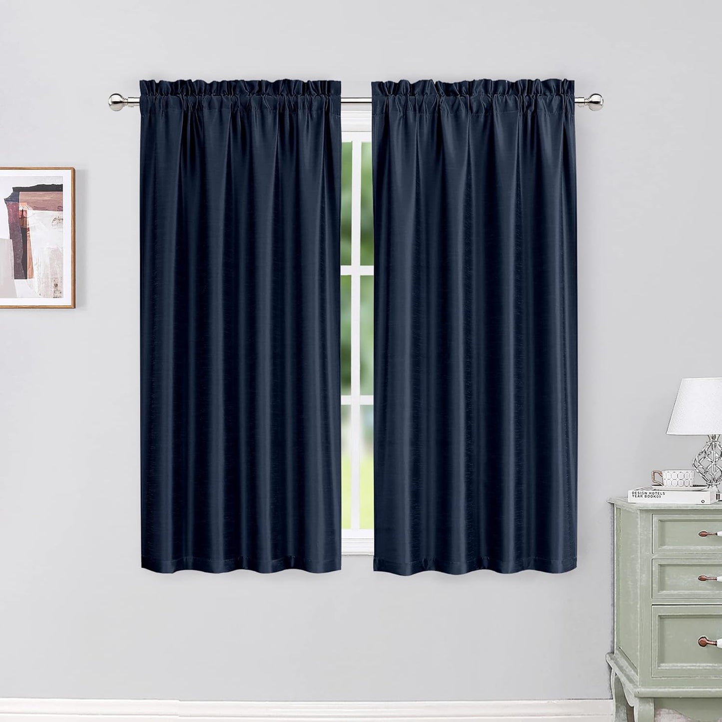 Chyhomenyc Uptown Sage Green Kitchen Curtains 45 Inch Length 2 Panels, Room Darkening Faux Silk Chic Fabric Short Window Curtains for Bedroom Living Room, Each 30Wx45L  Chyhomenyc Navy Blue 2X30"Wx54"L 