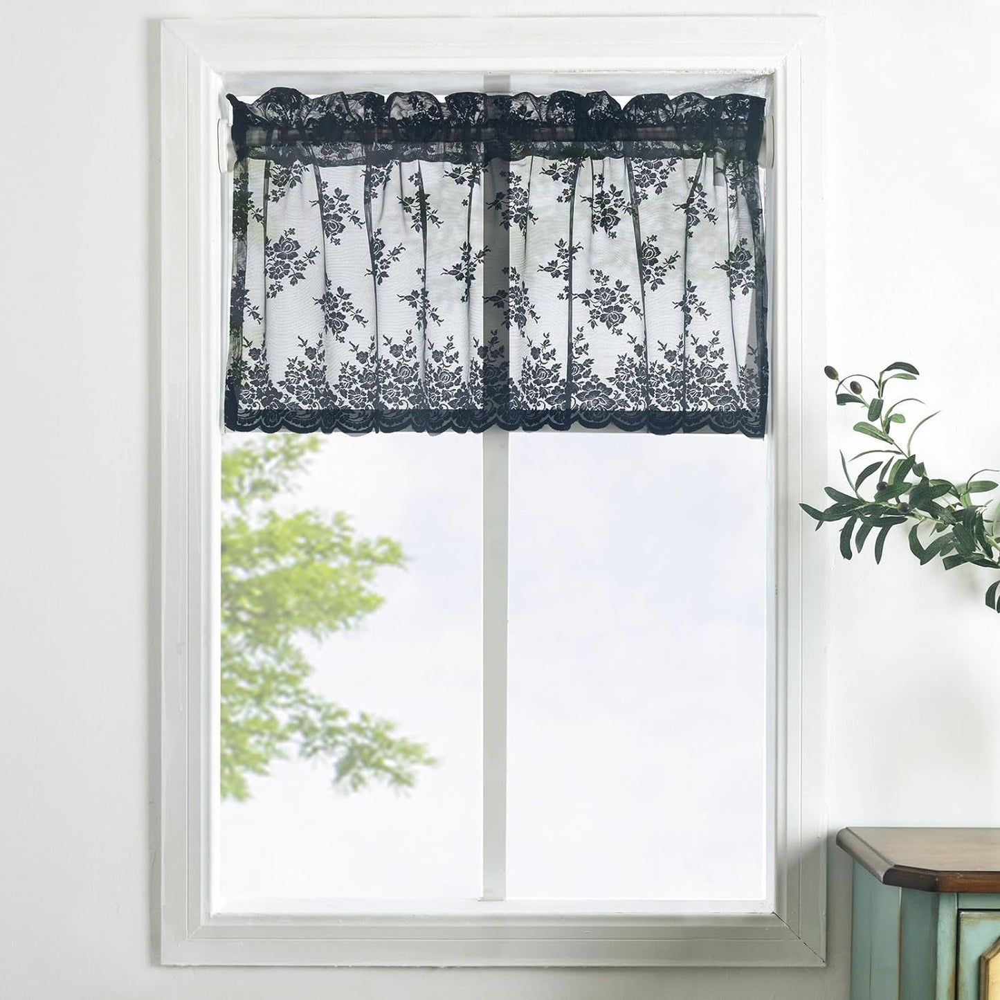 Kotile Sage Green Sheer Valance Curtain for Windows, Rustic Floral Spring Sheer Window Valance Curtain 18 Inch Length, Light Filtering Rod Pocket Lace Valance, 52 X 18 Inch, 1 Panel, Sage Green  Kotile Textile Black 52 In X 18 In (W X L) 