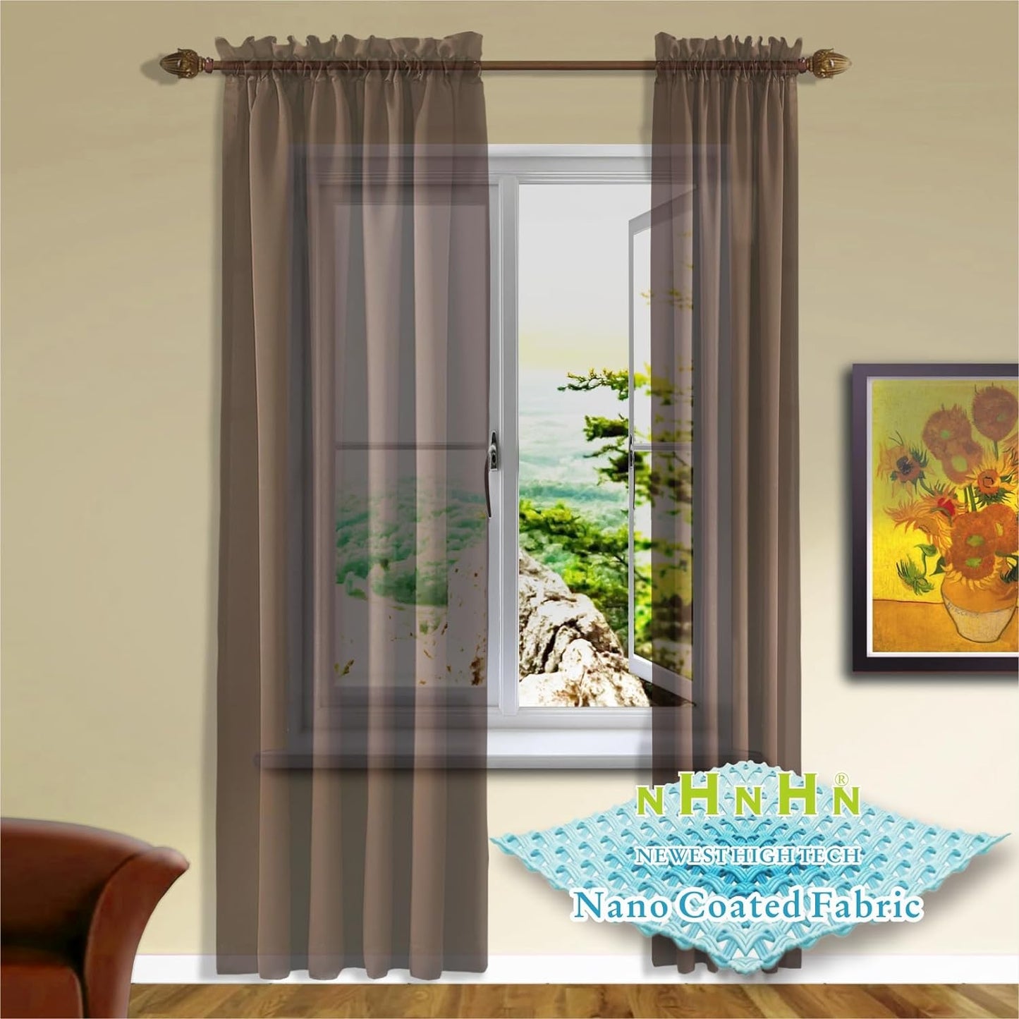 NHNHN Nano Material Coated White Sheer Curtains 84 Inches Long, Rod Pocket Window Drapes Voile Sheer Curtain 2 Panels for Living Room Bedroom Kitchen (White, W52 X L84)  NHNHN Light Brown 52W X 72L | 2 Panels 