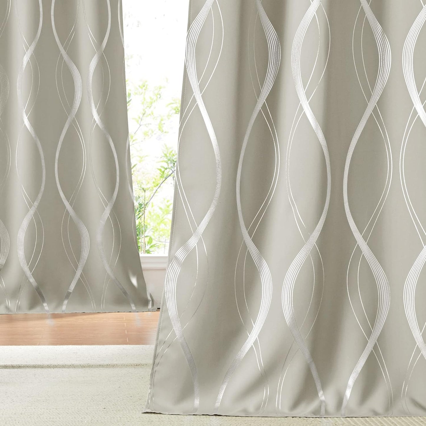 NICETOWN Grey Blackout Curtains 84 Inch Length 2 Panels Set for Bedroom/Living Room, Noise Reducing Thermal Insulated Wave Line Foil Print Drapes for Patio Sliding Glass Door (52 X 84, Gray)  NICETOWN Natural 52"W X 84"L 