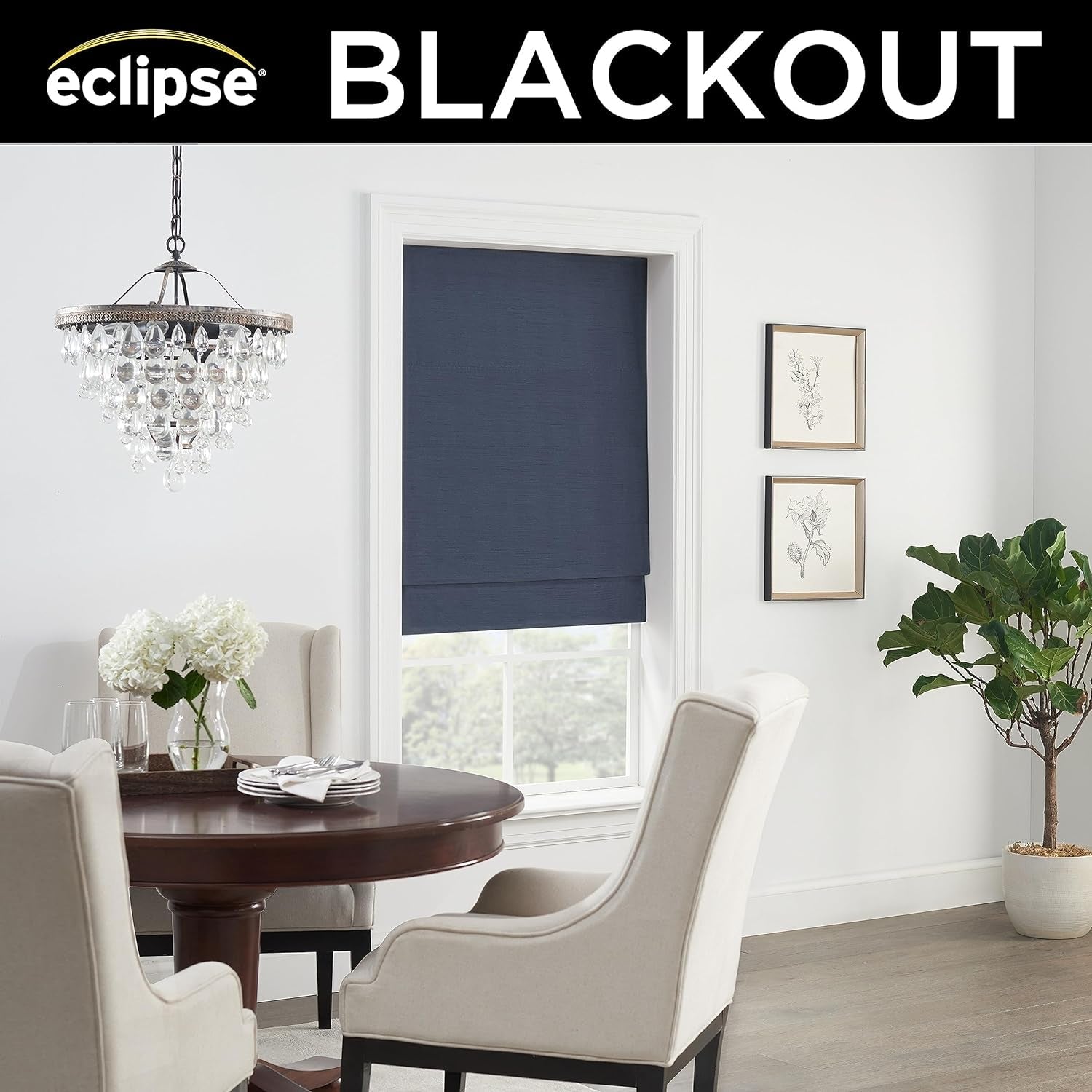 ECLIPSE Faux Silk Roman Shade for Windows, Cordless 100% Blackout Shades 36 in Wide X 64 in Long, Noise Reducing, Energy Efficient and Solid Silk-Like Window Shades for Living Room, Bedroom, Indigo