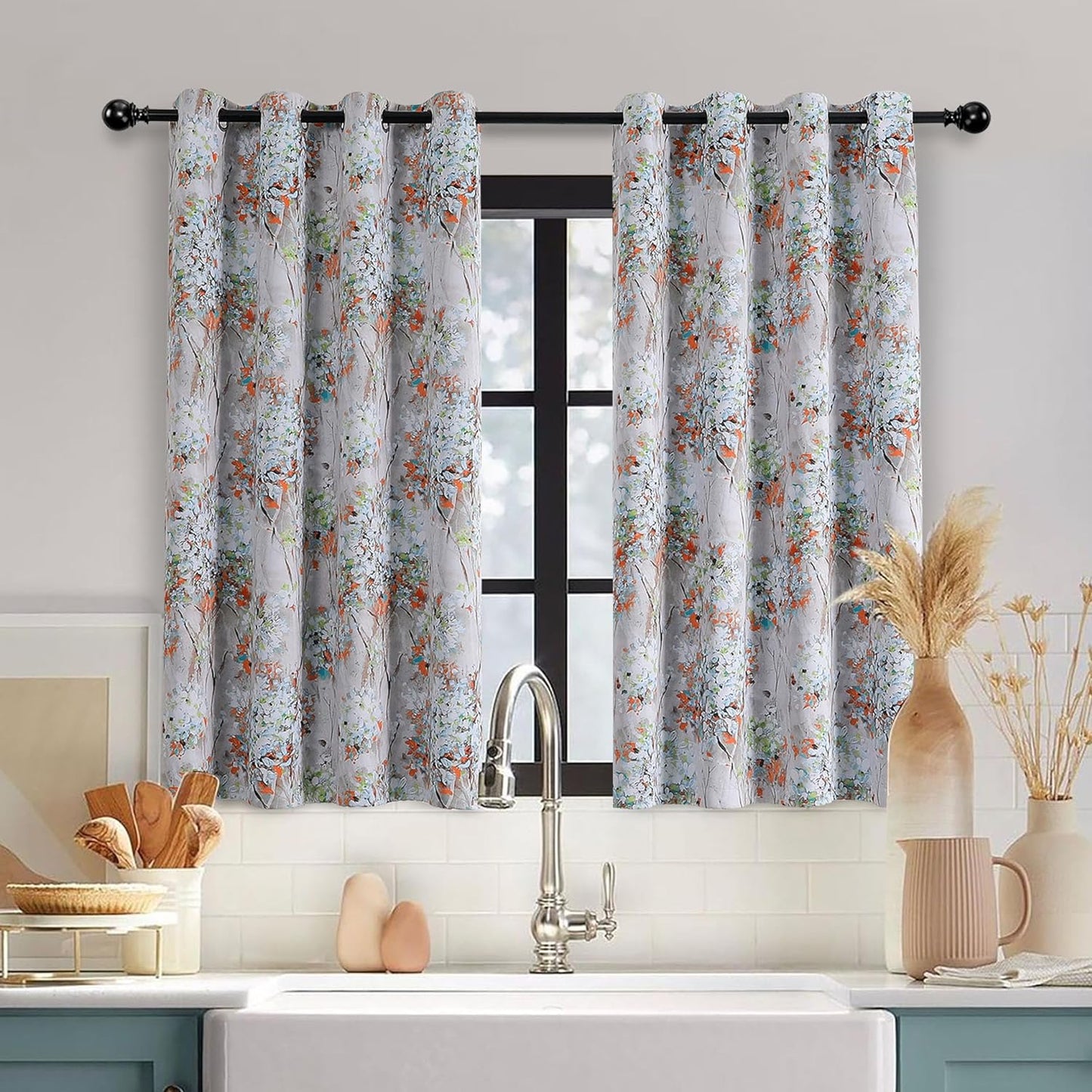 MYSKY HOME Floral Blackout Curtains 84 Inches Long 2 Panels Pink and Blue Floral Thermal Insulated Ink Vintage Flower Printed Window Grommet for Bedroom Living Room  MYSKYTEX B-Green  Orange 52''W X 45''L 