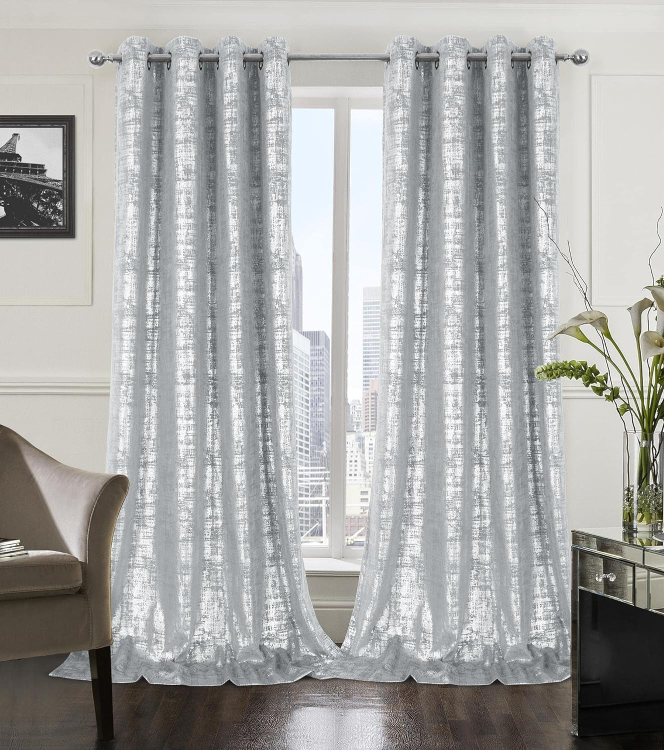 Always4U Soft Velvet Curtains 95 Inch Length Luxury Bedroom Curtains Gold Foil Print Window Curtains for Living Room 1 Panel White  always4u Silver (Silver Print) 2 Panels: 52''W*120''L 