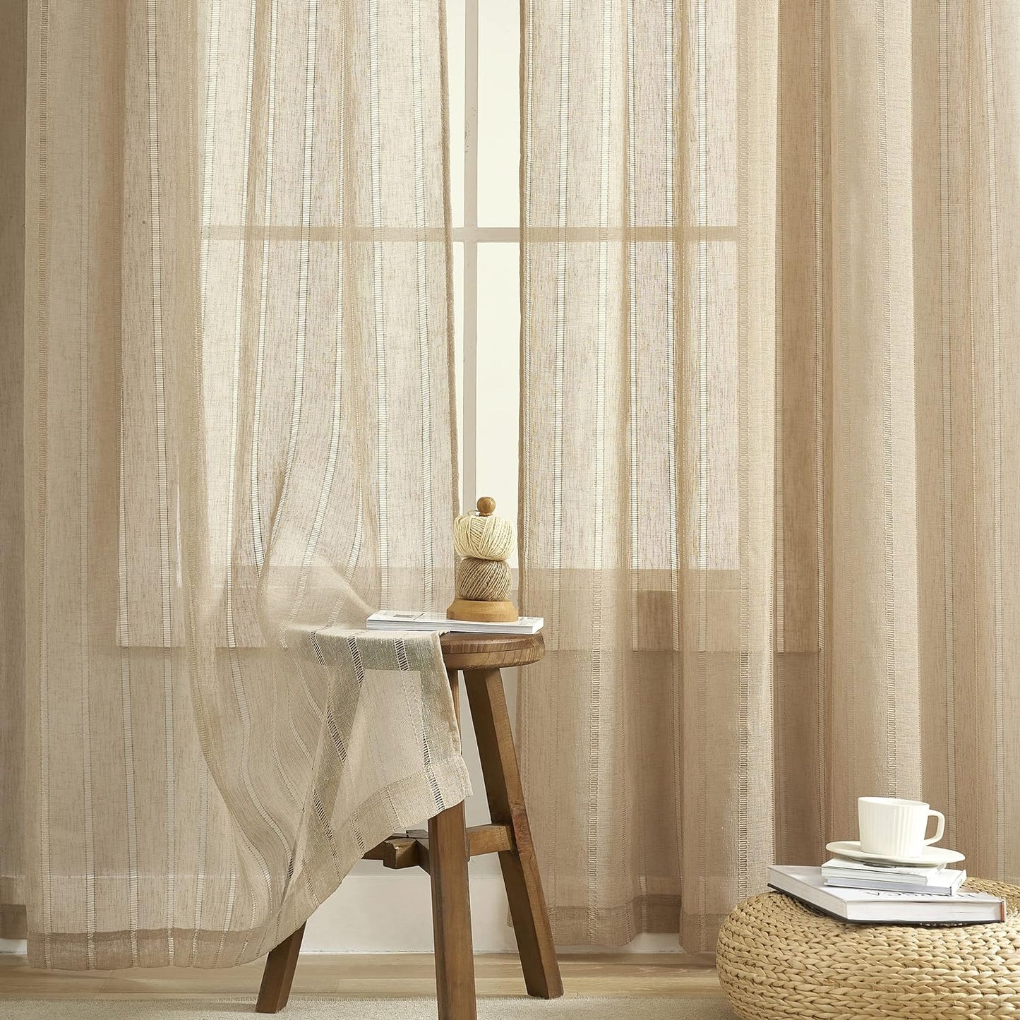 Demetex Sheer Linen Curtains 72 Inches Long Natrual Semi Sheer Curtain Decorative Panels for Living Room Bedroom Porch Window Dressing, 54 X 72 Inches, 2 Pieces, Beige  Demetex Striped Linen W 54"X L 63" 