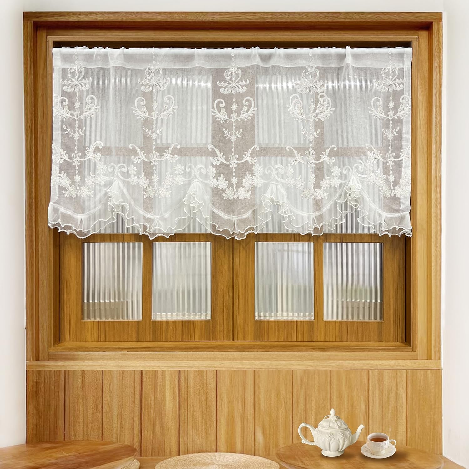 1 Panel Exquisite Floral Embroidery Sheer Curtain with Beaded Ruffled Lace Princess Style Linen Short Curtain Valance Tier for Doorway Kitchen Bathroom Window, Rod Pocket Top (White,W78 X L24 Inches)