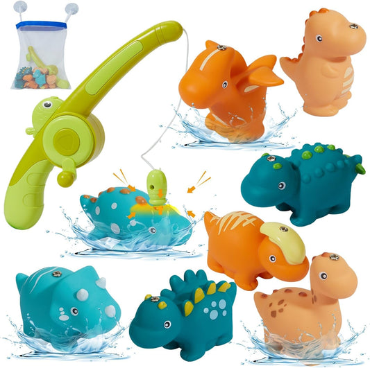 Bath Toys for Kids Ages 1-3 - Magnetic Fishing Toy with Fishing Rod, 8PCS Water Table Toys Soft Rubber Dinosaurs Fishing Game Floating Pool Bathtub Water Toys for Age 1 2 3 4 Year Old