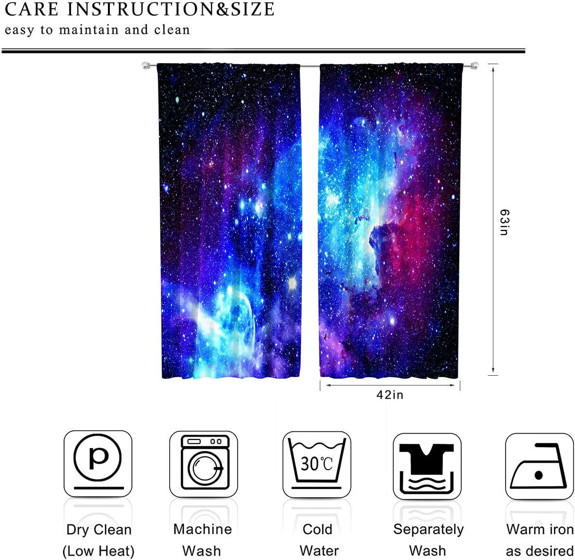Riyidecor Galaxy Outer Space Nebula Curtains (2 Panels 42 X 63 Inch) Blue Rod Pocket Universe Planets Boys Fantasy Starry Black Art Printed Living Room Bedroom Window Drapes Treatment Fabric WW-CLLE  Pan na   