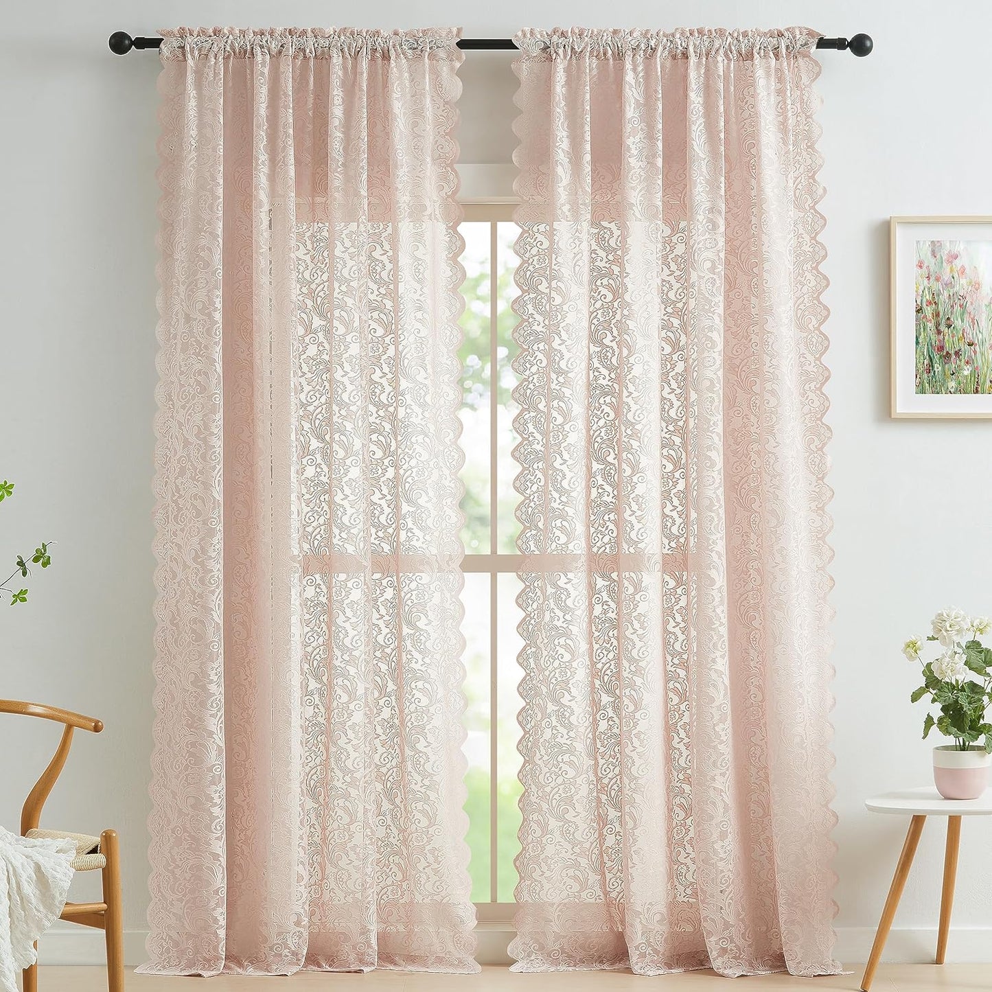 Black Sheer Lace Curtains 84 Inch Vintage Floral Sheer Gothic Curtain Panels for Living Room Bedroom Luxury Light Filtering Drapes Black Window Treatment Sets Rod Pocket 2 Panels 54" Wx84 L  Bujasso Rod Pocket Pink 54"X108"X2 