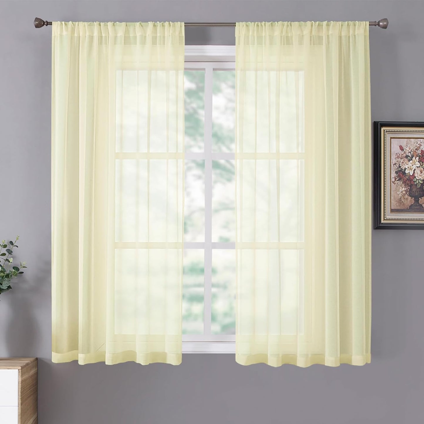 Tollpiz Short Sheer Curtains Linen Textured Bedroom Curtain Sheers Light Filtering Rod Pocket Voile Curtains for Living Room, 54 X 45 Inches Long, White, Set of 2 Panels  Tollpiz Tex Transparent Yellow 54"W X 45"L 