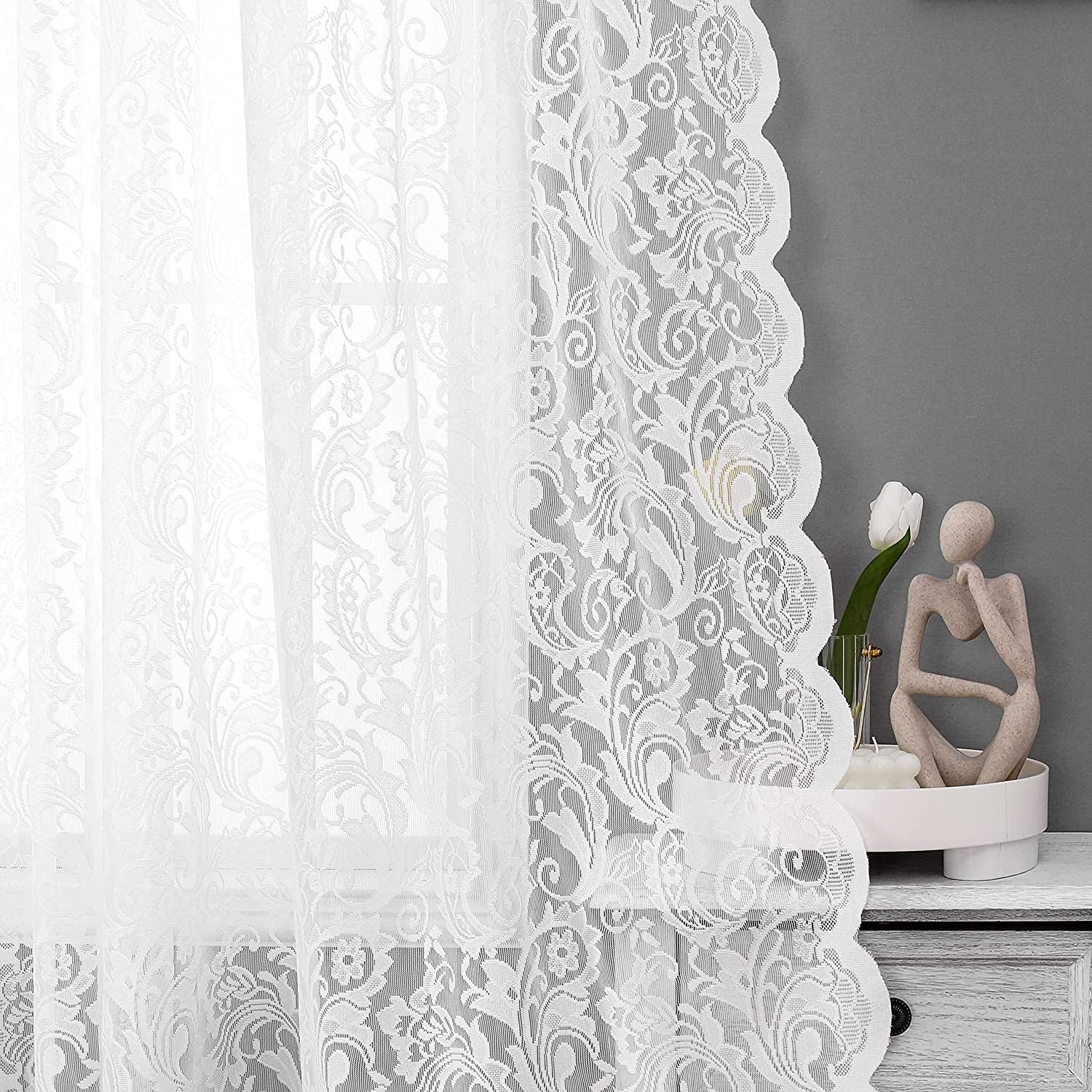 Black Sheer Lace Curtains 84 Inch Vintage Floral Sheer Gothic Curtain Panels for Living Room Bedroom Luxury Light Filtering Drapes Black Window Treatment Sets Rod Pocket 2 Panels 54" Wx84 L  Bujasso Rod Pocket White 54"X108"X2 