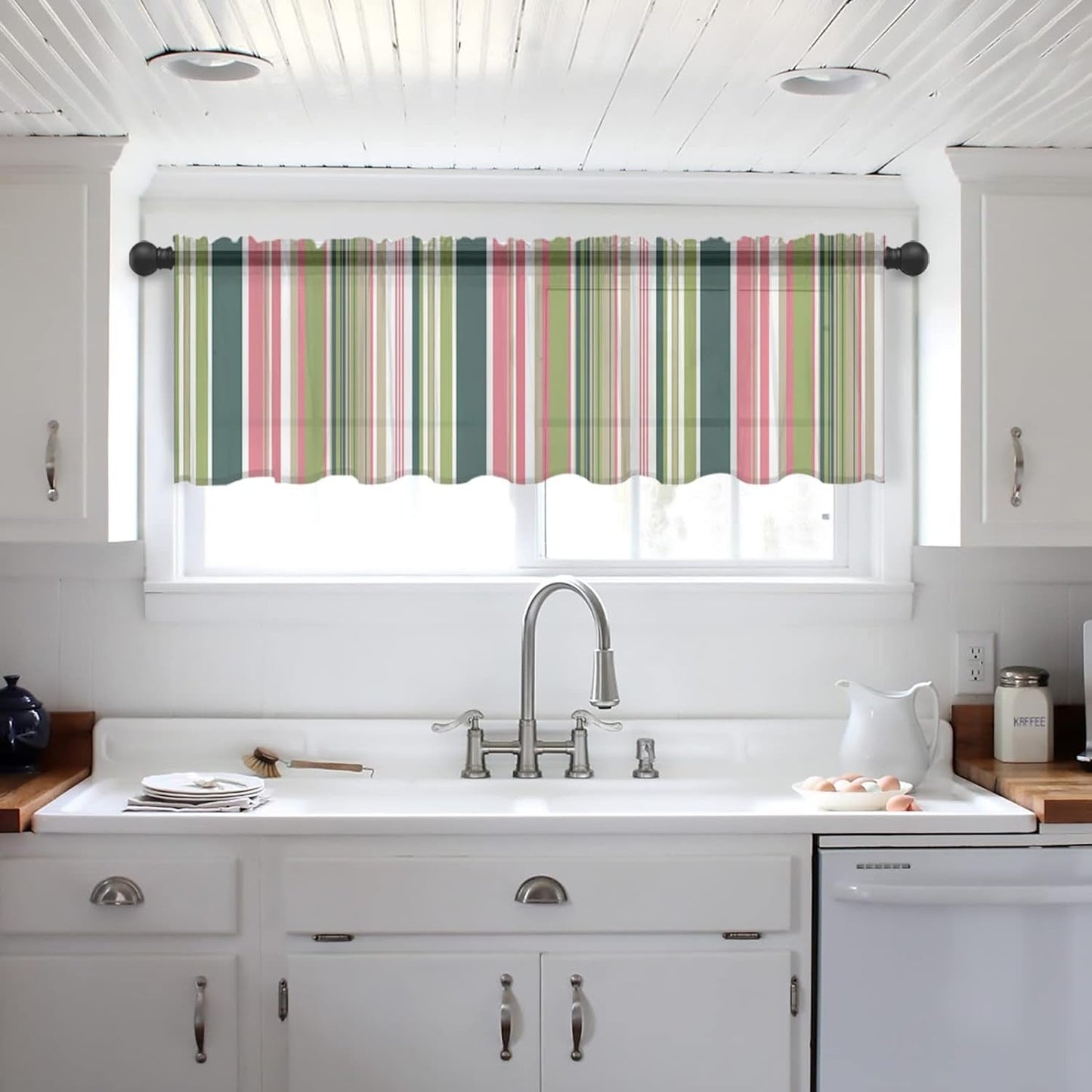 Chiffon Window Valance Kitchen Curtains Pink White Sage Green Vertical Stripe,Rod Pocket Tier Curtain Light Filter Panel,Color Straight Lines Windows Valances Drapes for Bedroom,Bathroom 54X18In
