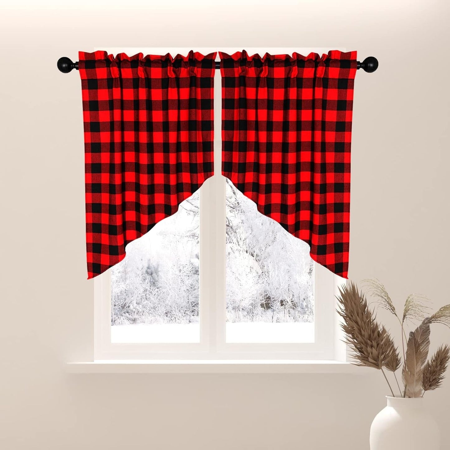 2 Pcs Buffalo Check Swag Curtains 36 Inches Length Rod Pocket Half Small Cafe Window Curtains Farmhouse Plaid Gingham Swag Valance Kitchen Curtains, Black/White, 28X36 Inches