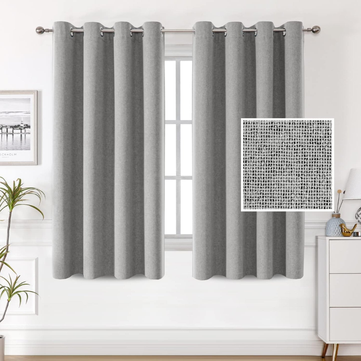 H.VERSAILTEX 100% Blackout Linen Look Curtains Thermal Insulated Curtains for Living Room Textured Burlap Drapes for Bedroom Grommet Linen Noise Blocking Curtains 42 X 84 Inch, 2 Panels - Off-White  H.VERSAILTEX Grey 52"W X 54"L 