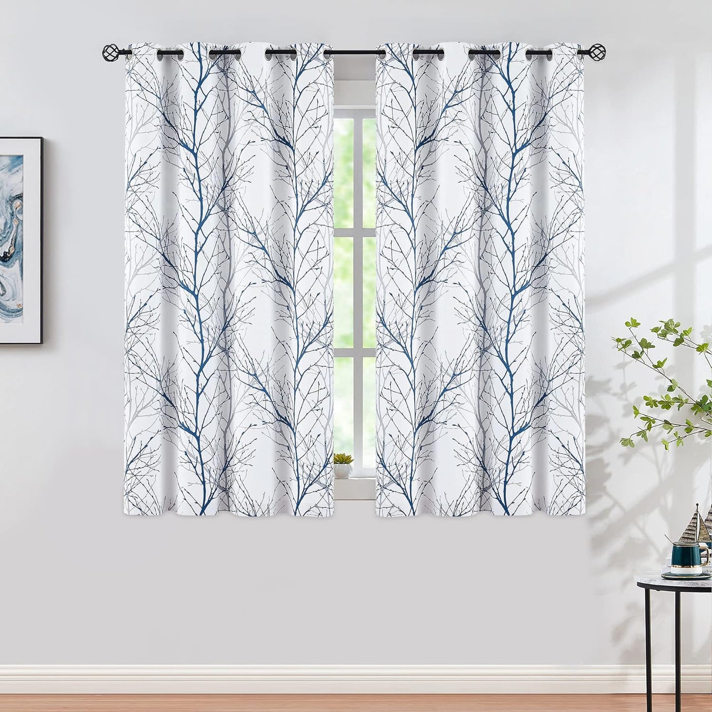 Blue White Blackout Curtains for Bedroom 63" Length Tonal Blue Grey Tree Branch Print Thermal Insulated Full Blackout Curtain Panels for Living Room Triple Weave Window Drapes 50"W 2Panels Grommet Top  Fmfunctex   
