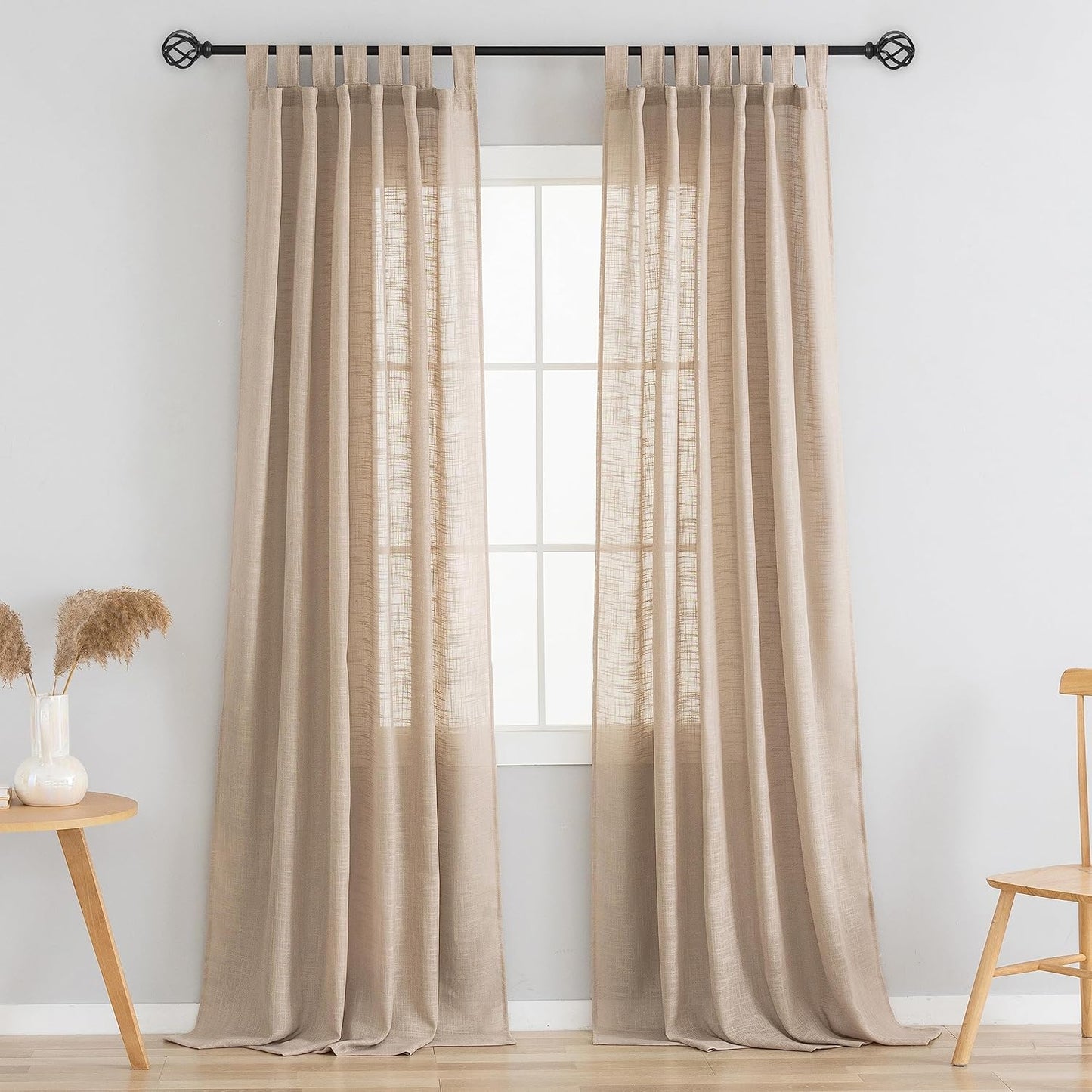 VOILYBIRD Natural Linen Semi Sheer Curtains Tab Top Light Filtering Elegant Curtains & Drapes for Living Room 52 X 84 Inch Length, Set of 2 Panels  VOILYBIRD Tan W52 X L96 
