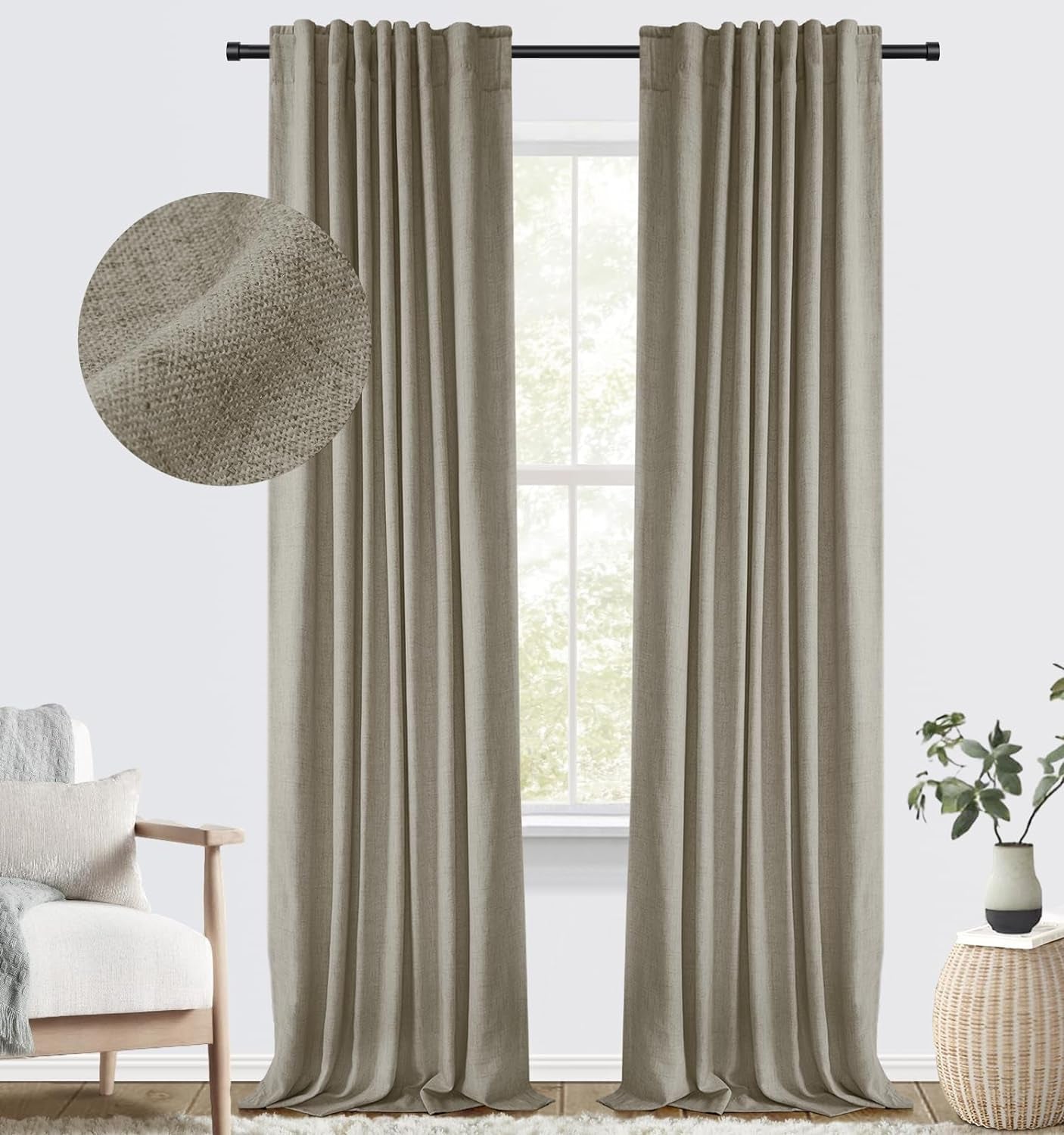 100% Blackout Shield Blackout Curtains for Bedroom Faux Linen Black Out Curtains 84 Inch Length 2 Panels Set, Back Tab/Rod Pocket Thermal Insulated Curtains with Black Liner, 50W X 84L, Dark Grey  100% Blackout Shield Faux Linen 50''W X 102''L 