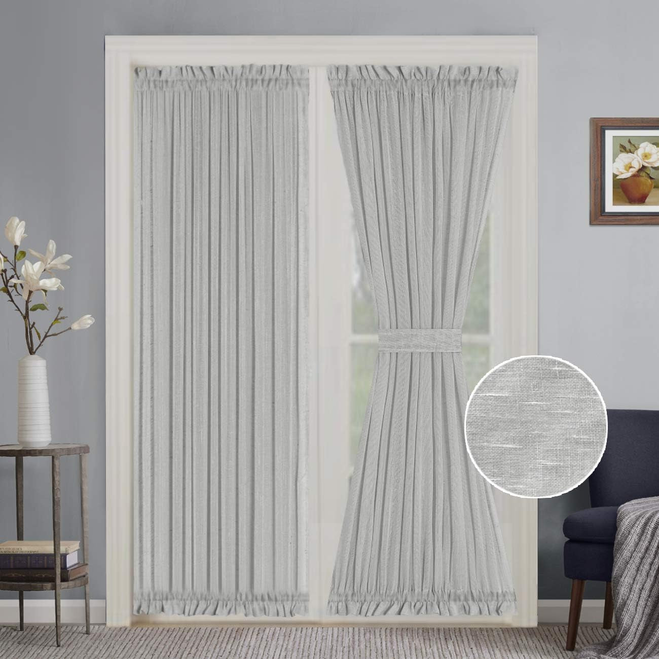 Turquoize Elegant Linen French Door Curtains Light Filtering Curtain Panels Rod Pocket Linen Panel for Glass Door with Tie-Back Privacy Assured Semi Sheer Door Panels, 52"W by 72"L, 2 Panels, Natural  Turquoize Dove Gray W52 L72 
