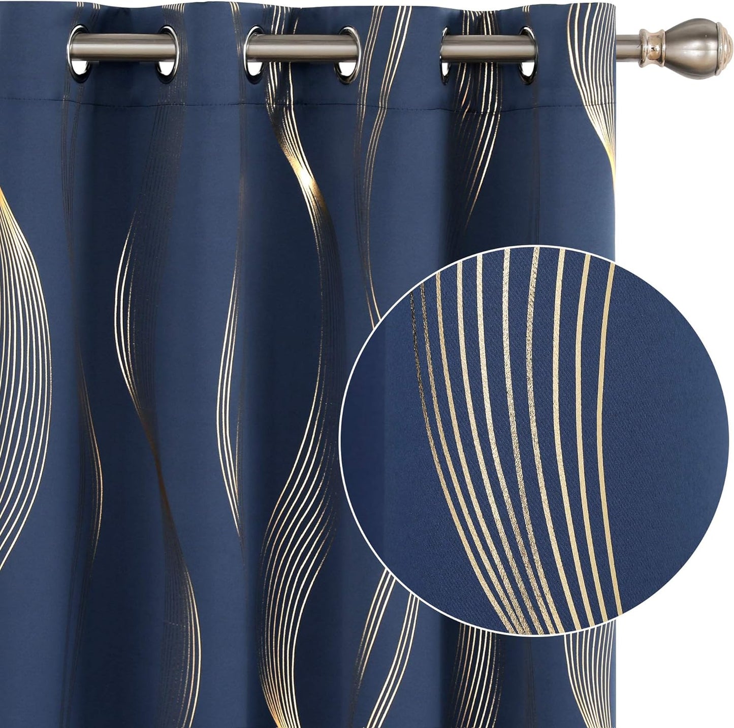Deconovo Thermal Insulated Blackout Curtains for Bedroom, with Silver Print Wave Striped Pattern- Black Out Light Blocking Panels - Navy Blue, 52W X 84L Inch, 2 Panels  deconovo Grommet- Gold/Navy Blue 52X95 Inch 