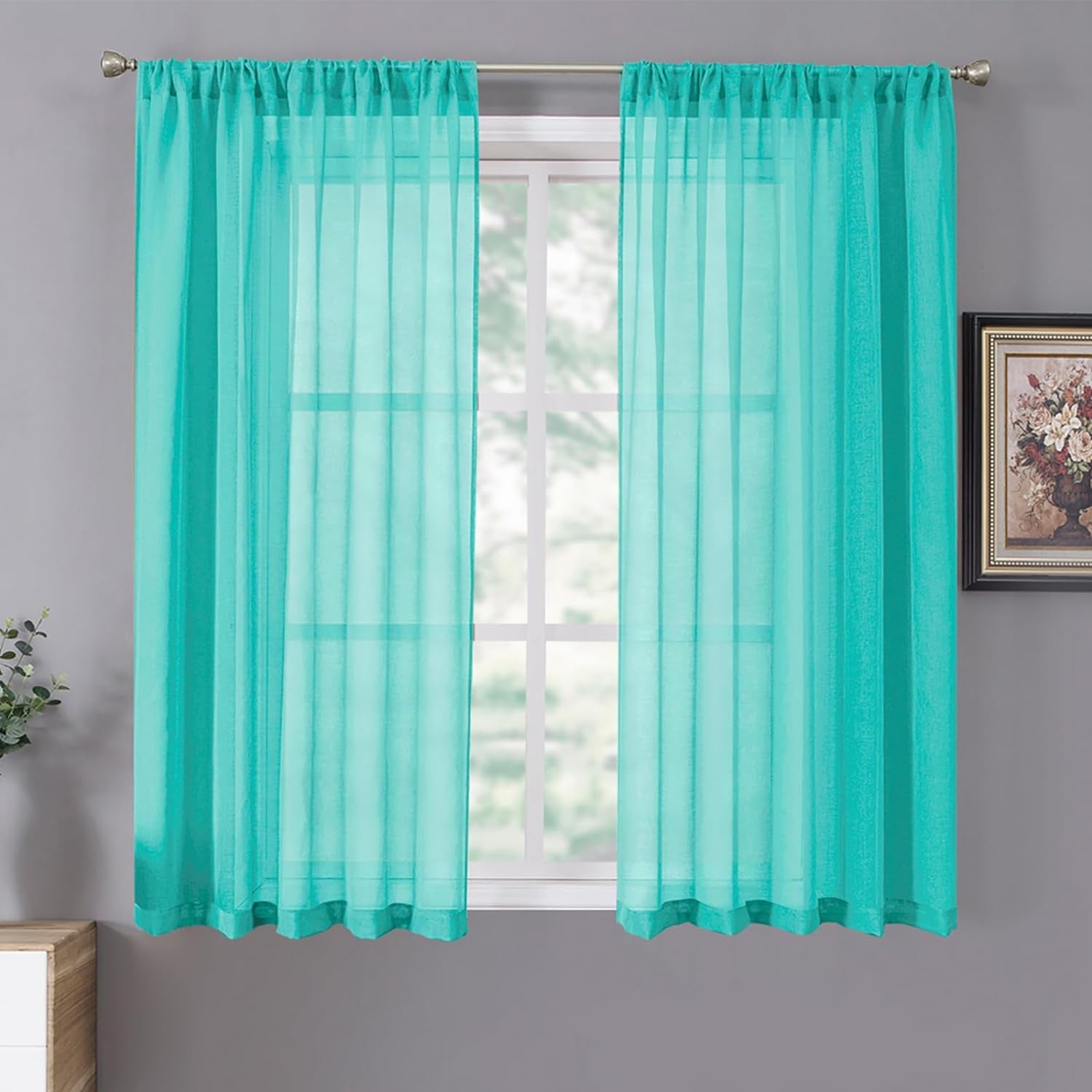 Tollpiz Short Sheer Curtains Linen Textured Bedroom Curtain Sheers Light Filtering Rod Pocket Voile Curtains for Living Room, 54 X 45 Inches Long, White, Set of 2 Panels  Tollpiz Tex Aqua Blue 42"W X 54"L 