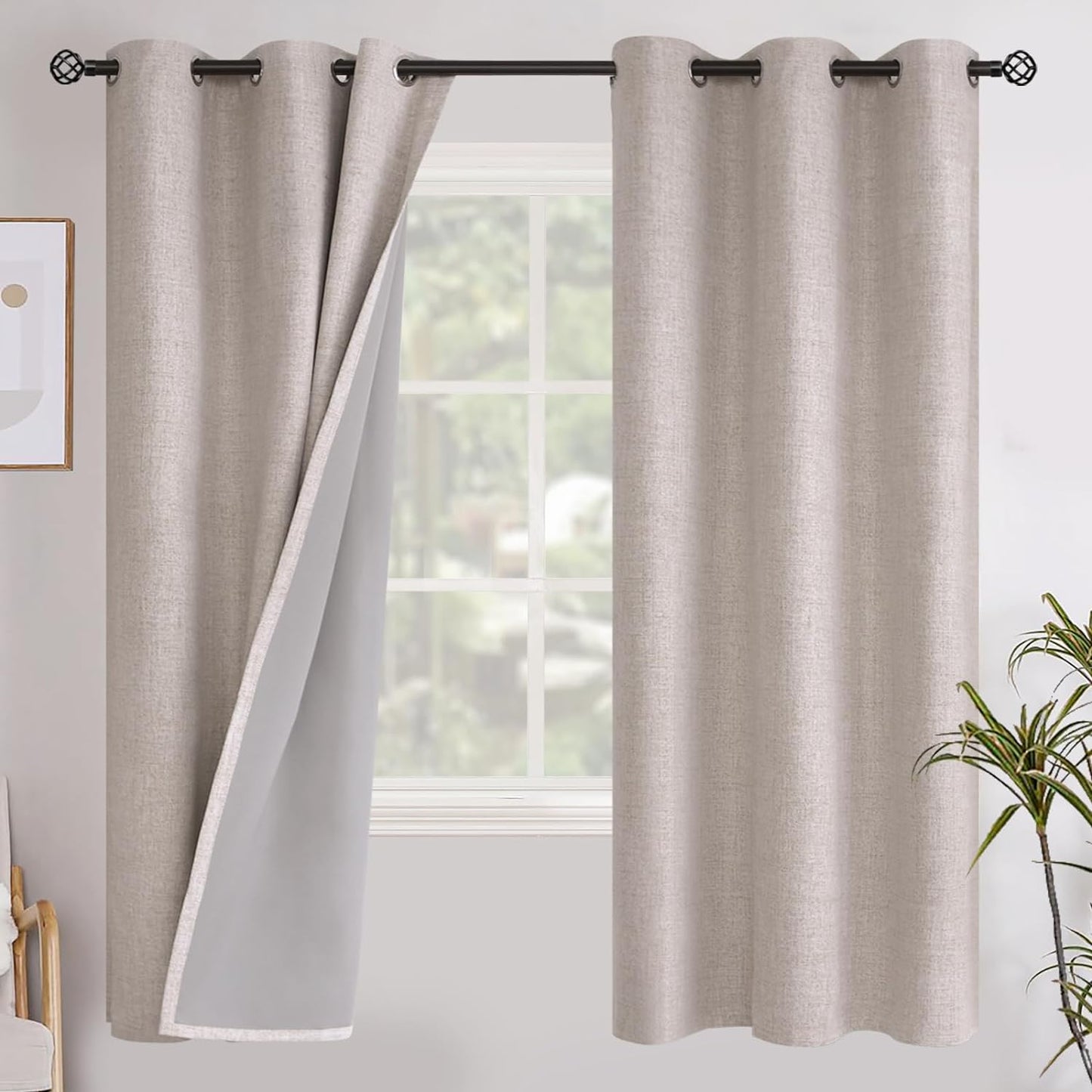 Youngstex Linen Blackout Curtains 63 Inch Length, Grommet Darkening Bedroom Curtains Burlap Linen Window Drapes Thermal Insulated for Basement Summer Heat, 2 Panels, 52 X 63 Inch, Beige  YoungsTex Beige 42W X 72L 