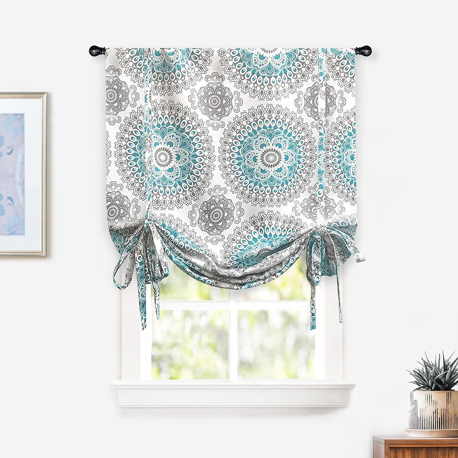 Driftaway Curtains for Bedroom Room Darkening Curtain 25 Inch by 72 Inch Medallion Drapes for French Door Windows Boho Damask Pattern Sidelight Curtain for Front Door Single Panel Aqua and Gray  DriftAway Aqua/Grey (3)25"X47" | Tie Up 