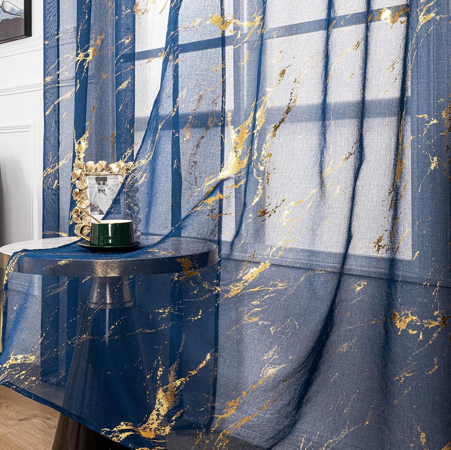 Sutuo Home Marble White Sheer Curtains 84 Inch Length, Gold Foil Print Metallic Bronzing, Privacy Window Treatment Decor Abstract Drape Pair 2 Panels Set for Bedroom Kitchen Living Room 52" W X 84" L  Sutuo Home Gold And Navy Blue 52" W X 96" L, 2 Panels 
