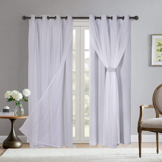 BONZER Grommet Double-Layered Curtains with White Sheer Voile for Living Room Mix and Match Blackout Curtains, White Greyish, 52X84 Inch, Set of 2 Panels  BONZER White Greyish 52 X 84 Inch 